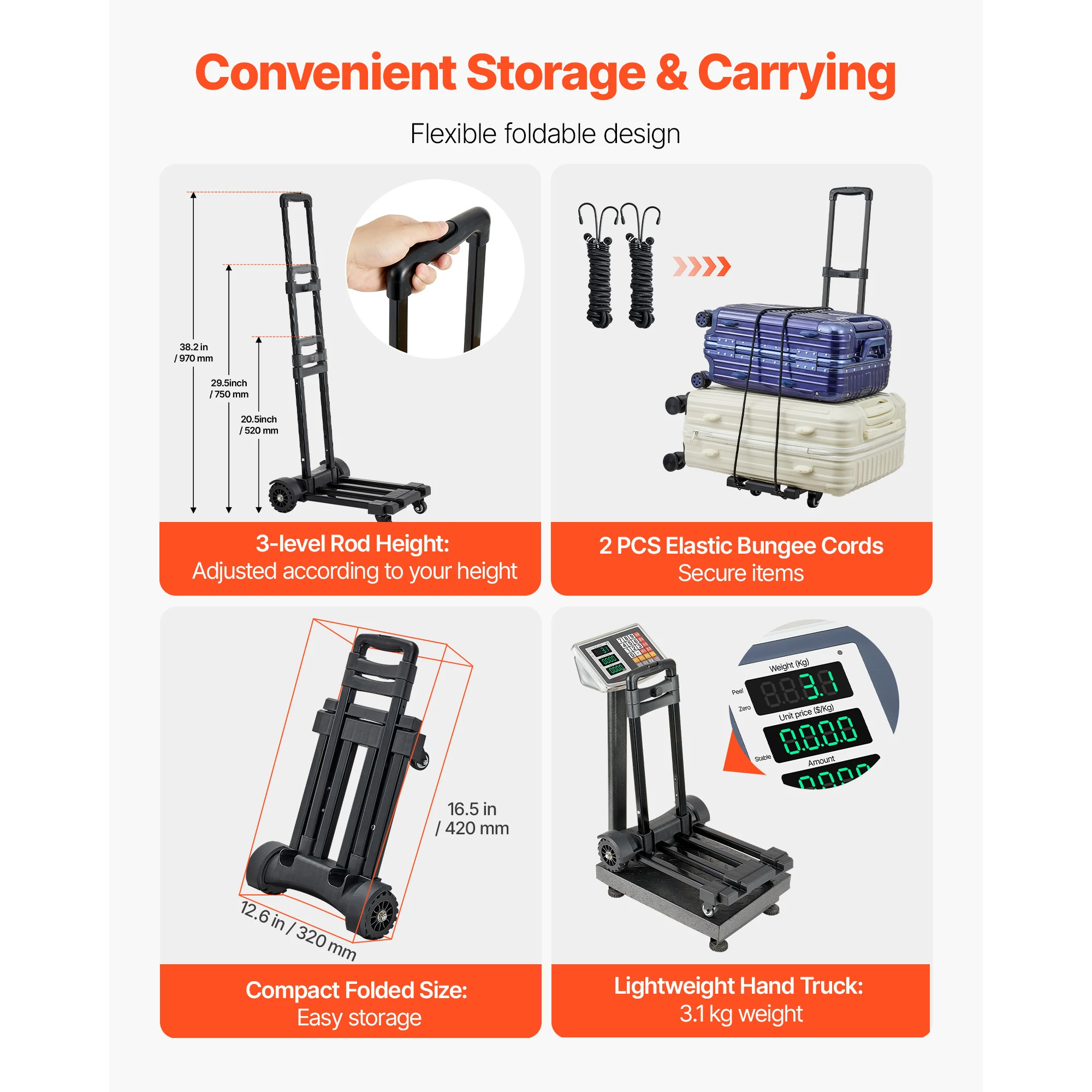 290LBS Folding Hand Truck Collapsible Luggage Cart with 4 Wheels & Expandable Base Platform Dolly for Cargo Moving - Image 3