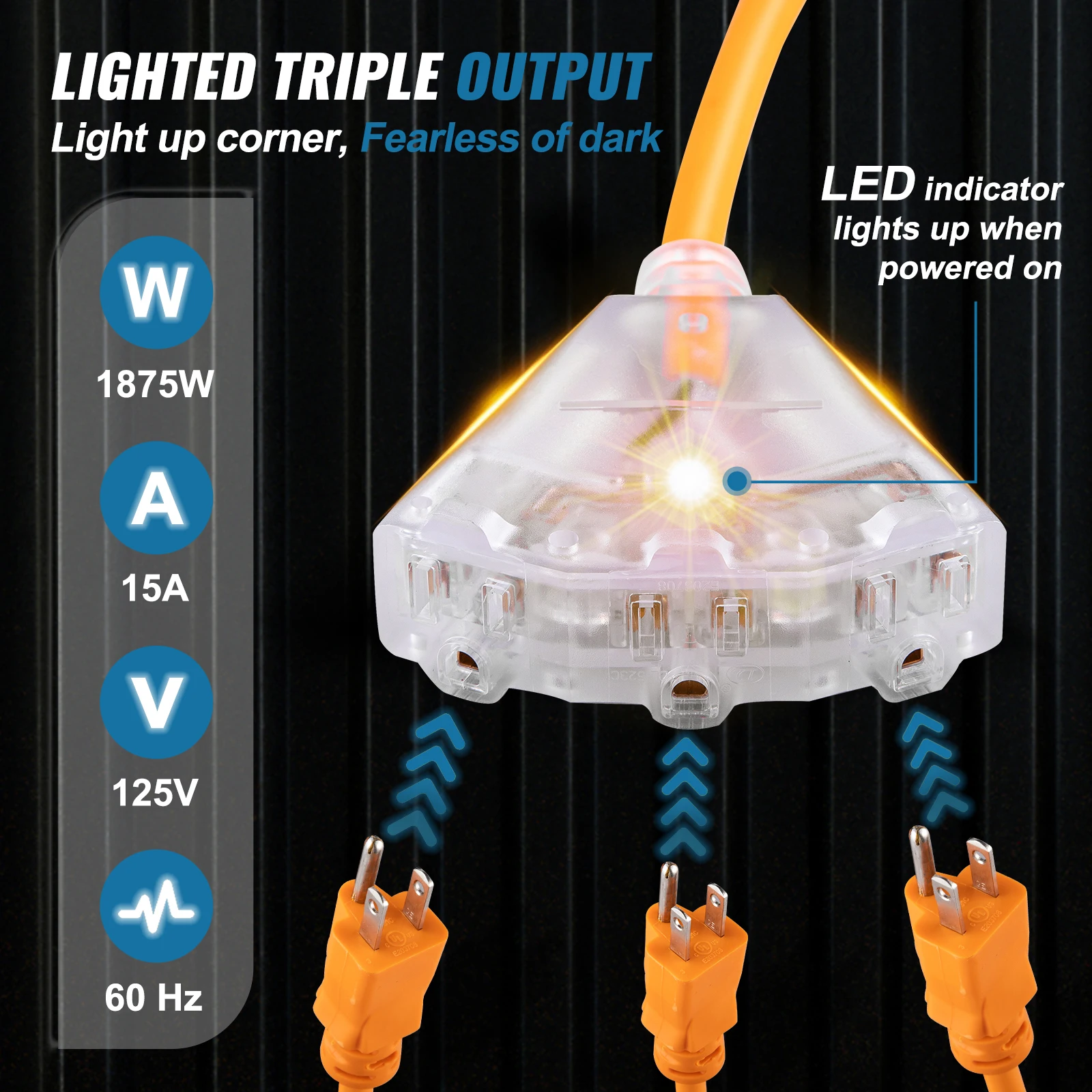 Retractable Extension Cord Reel 45 FT / 65 FT with Lighted Triple Tap Outlet 180° Swivel Bracket Heavy Duty Power Cord - Image 6