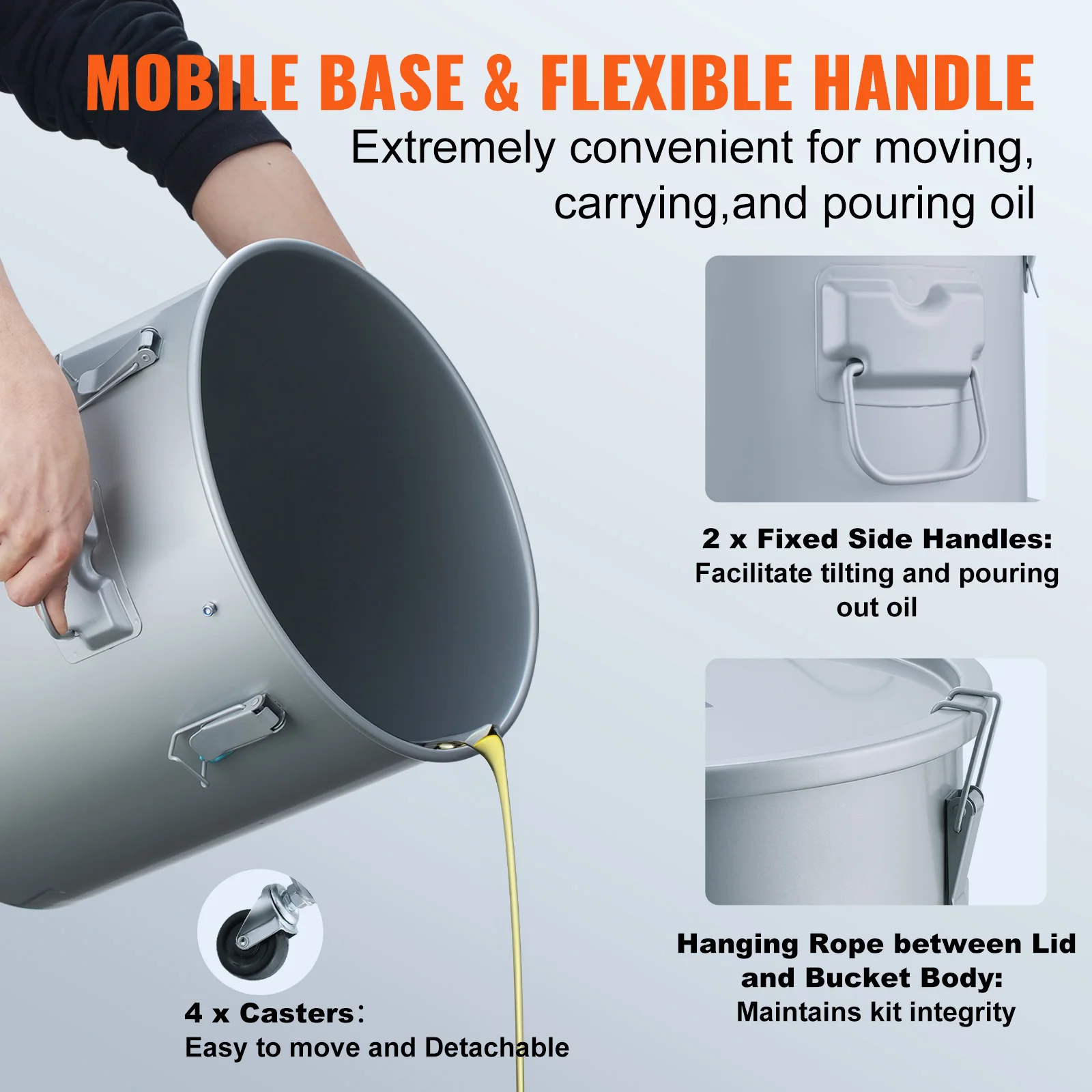 8/10/16 Gallon Fryer Grease Bucket Oil Disposal Caddy with Caster Base Rust-Proof Coating Oil Transport Container w/Lid - Image 5
