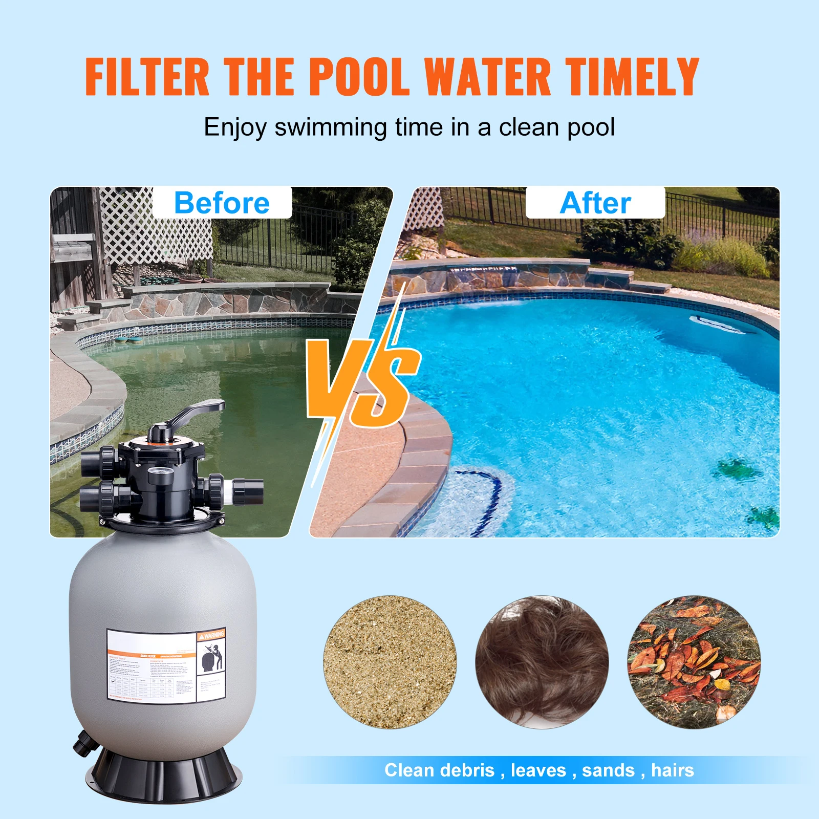 16/19/22/24 Inch Sand Filter 7-Way Multi-Port Valve & High GPM Flow Rate Above Inground Swimming Pool Sand System Gray - Image 6