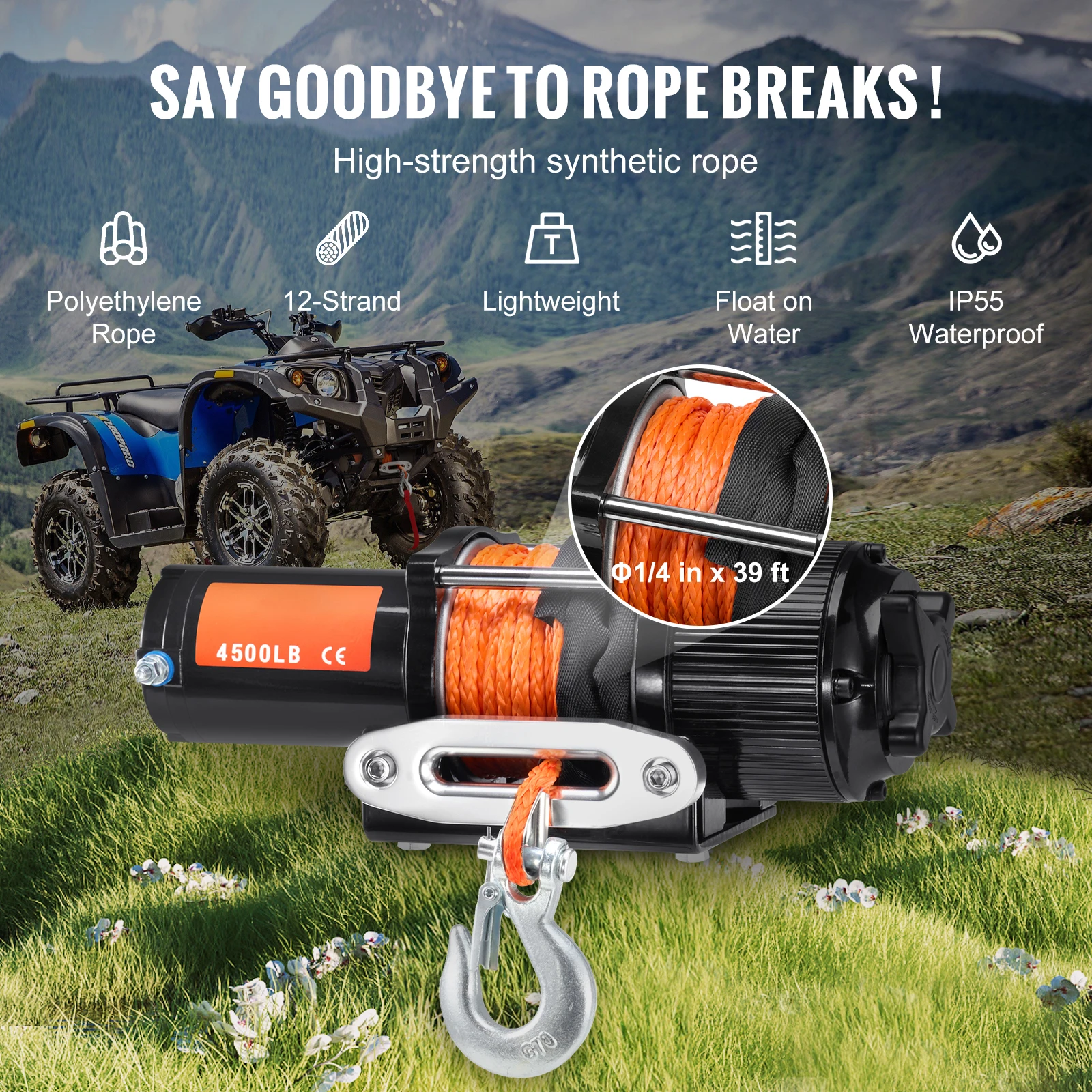 4500lbs ATV/UTV Electric Winch 12V with 39ft Synthetic Rope Wireless & Wired Remote Control IP55 Waterproof for Jeeps - Image 4