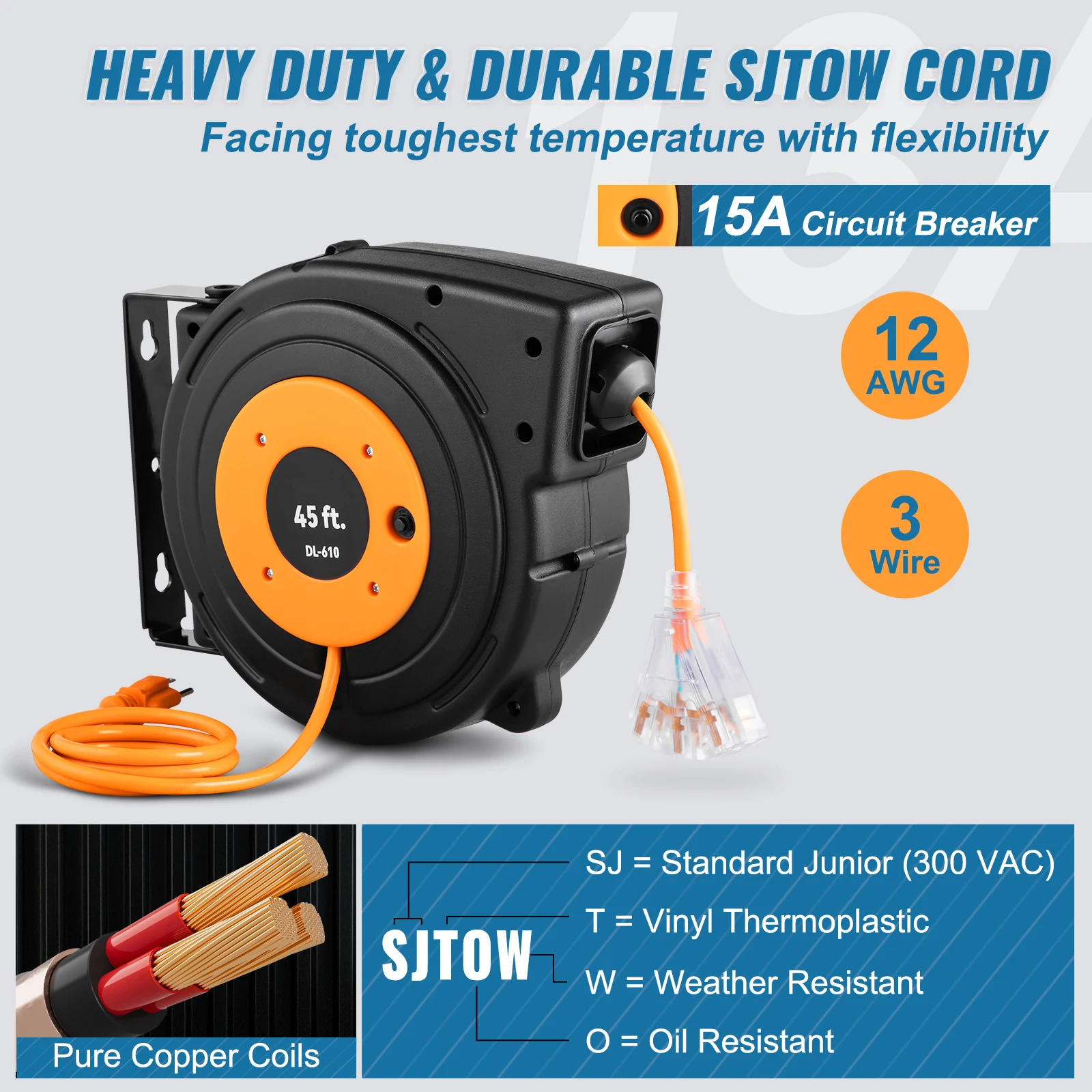 Retractable Extension Cord Reel 45 FT / 65 FT with Lighted Triple Tap Outlet 180° Swivel Bracket Heavy Duty Power Cord - Image 3