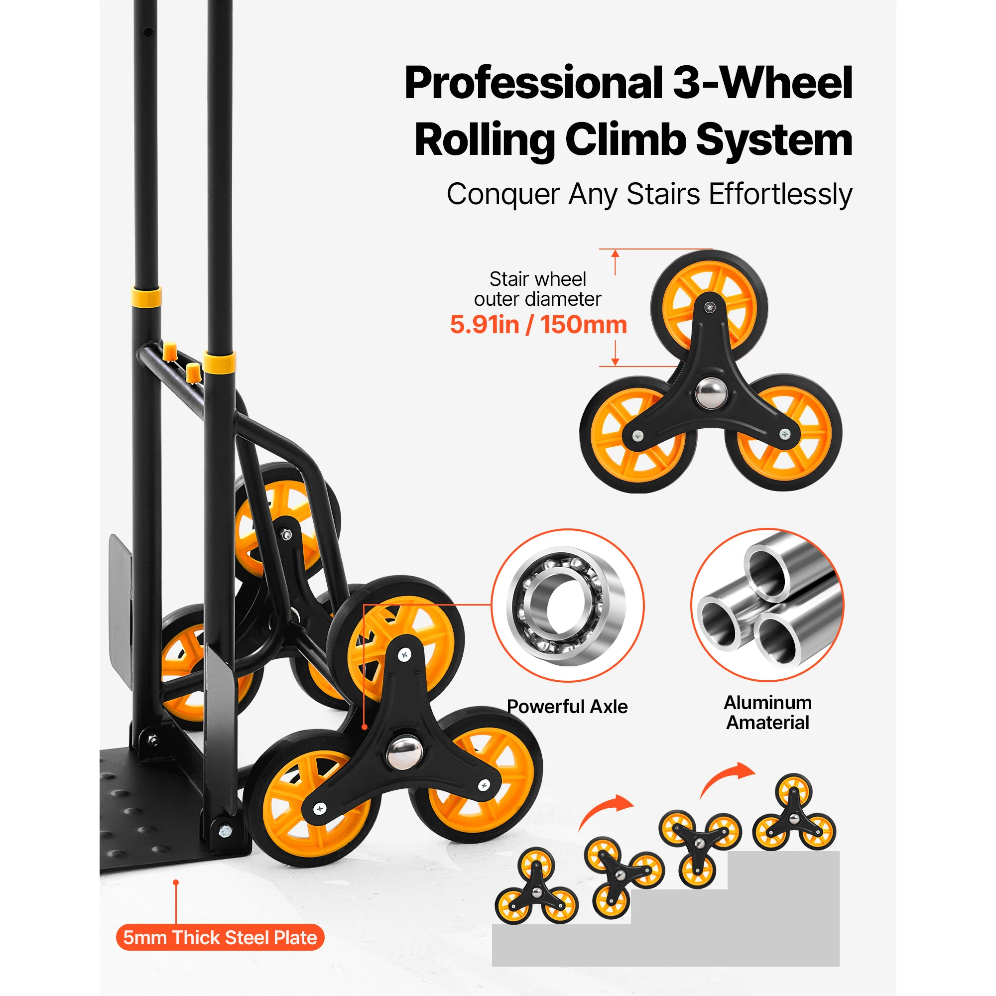 440/770 lbs Folding Hand Truck Dolly with 6 Wheels & 2 Elastic Ropes Stair Climbing Cart for Shopping Moving Warehouse - Image 3