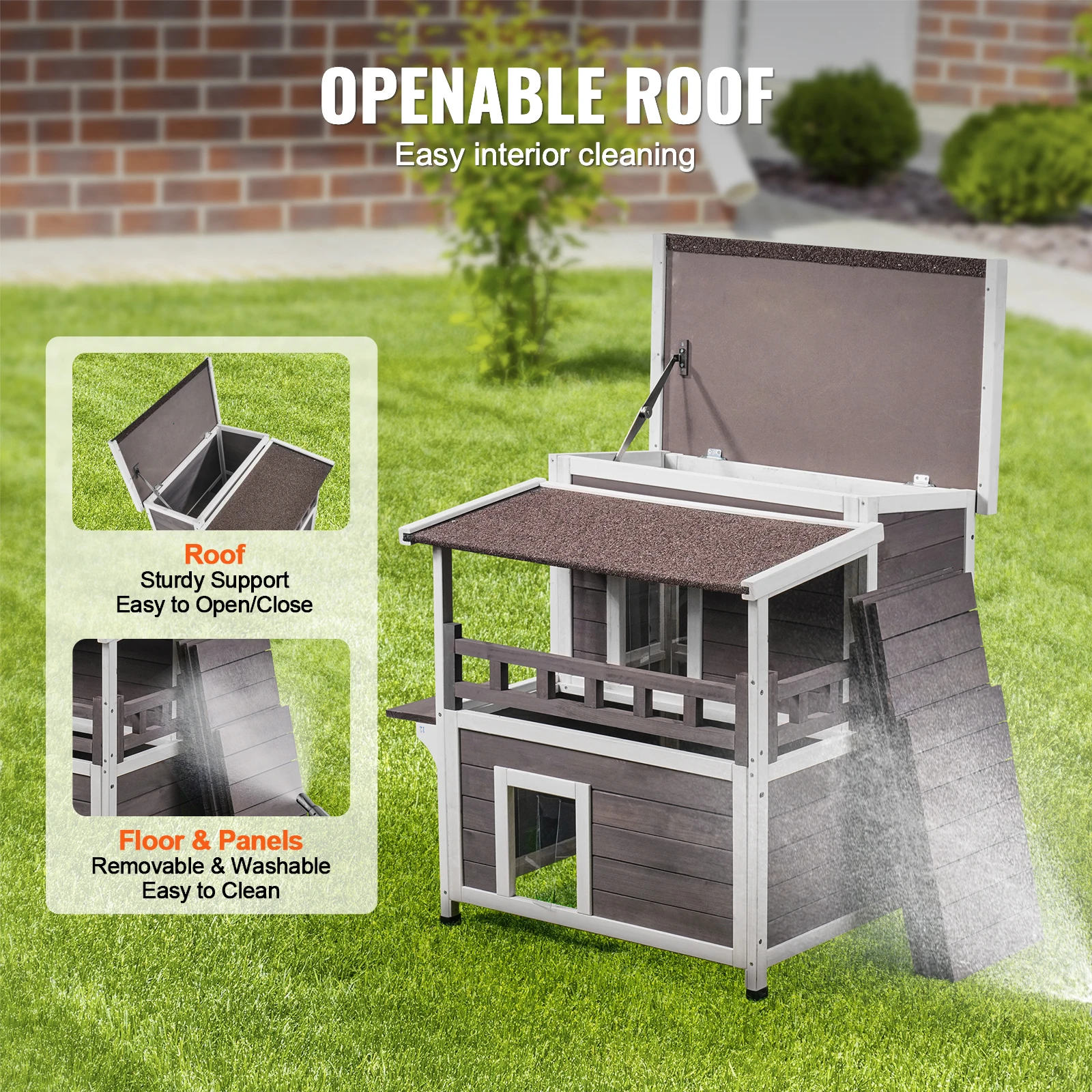 Outdoor Cat House Weatherproof Feral Cat Shelter 2-story Large Outdoor Wooden Cat House with Balcony Door and Open Roof - Image 4