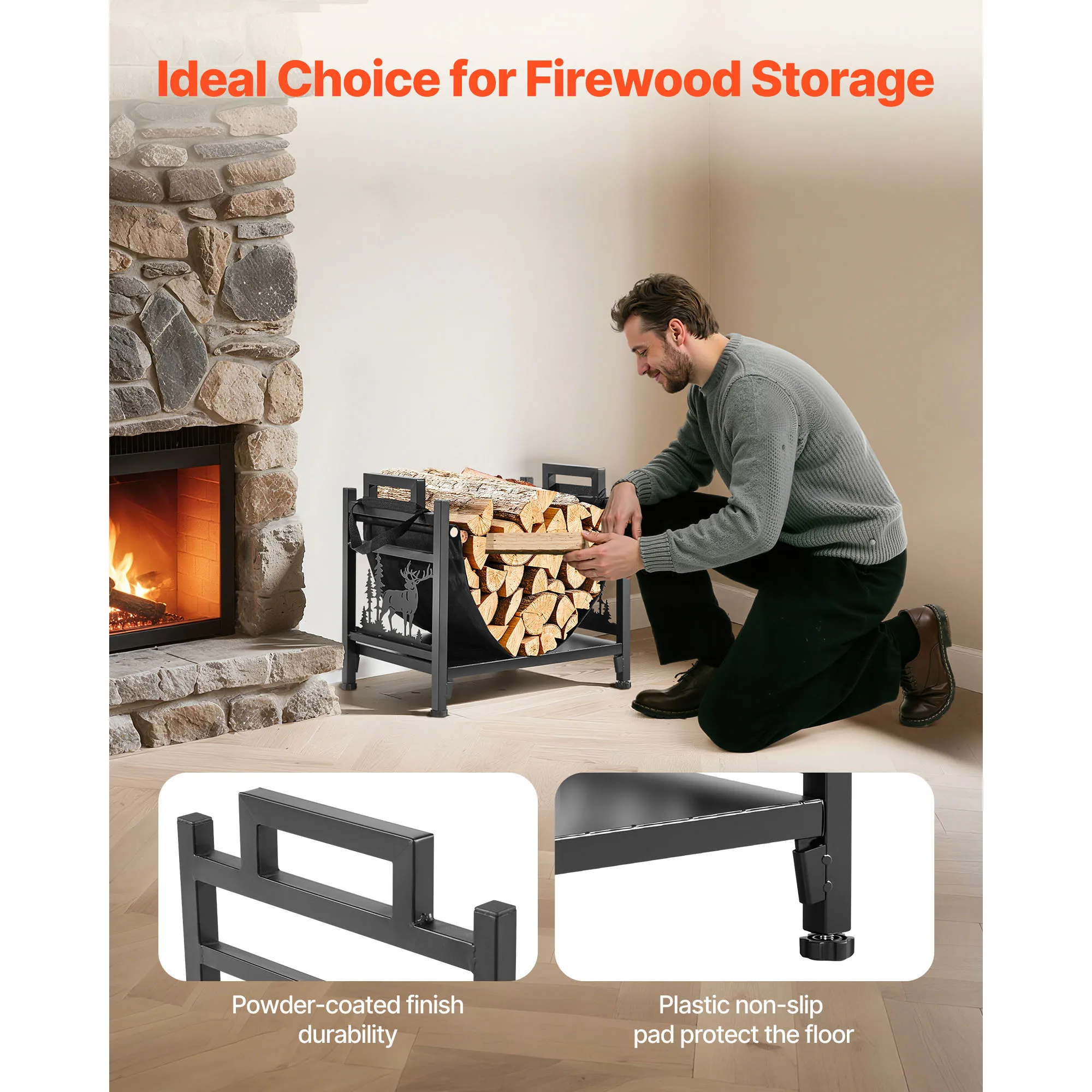 Indoor Firewood Rack 1/1.3/1.5 ft Curved Log Holder Powder-Coated Steel Firewood Holder Pile Stacker Rack for Fireplace - Image 6
