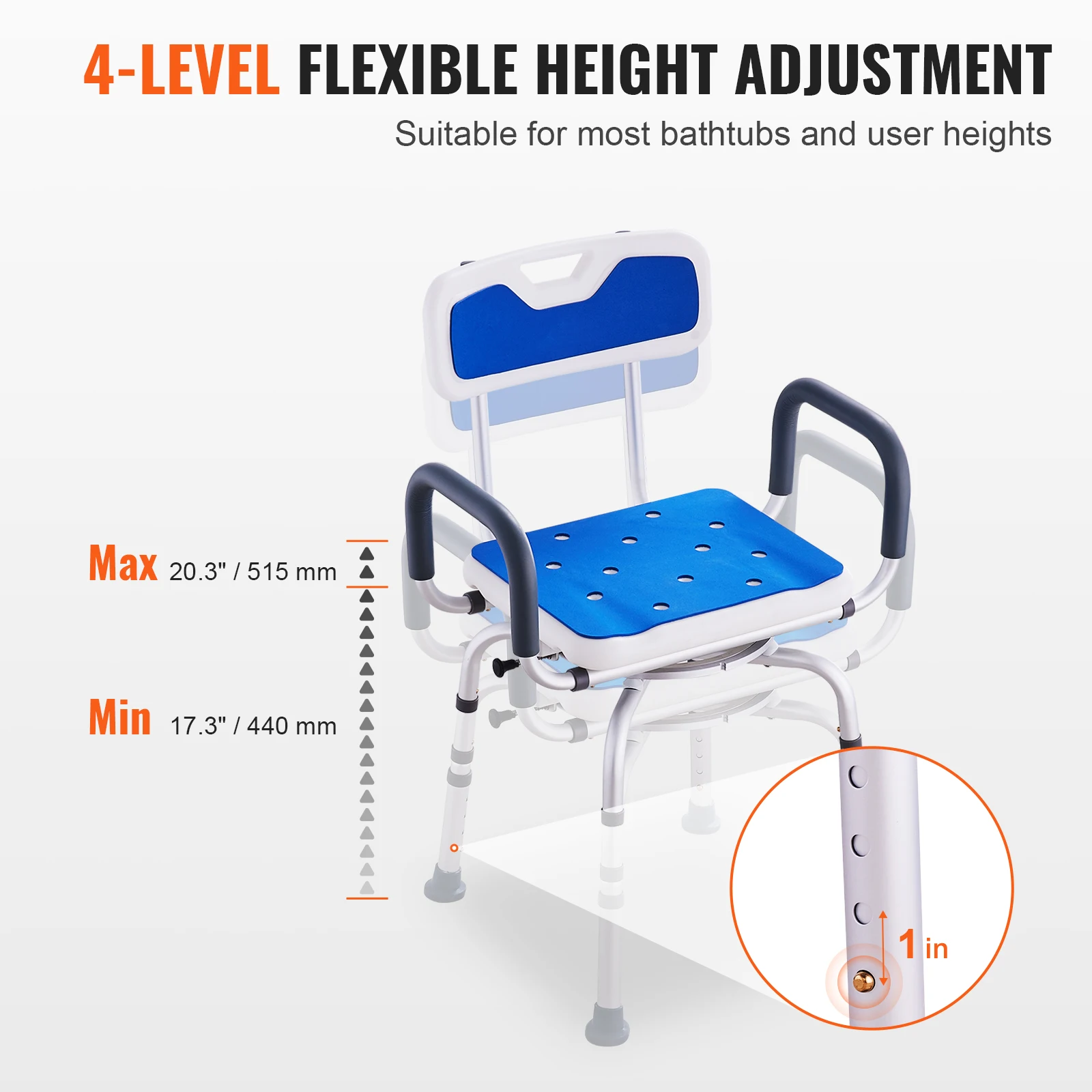 Swivel Shower Chair 360 Degree Adjustable with Armrest and Backrest for Shower or Bathtub Non-Slip for Elderly Disabled - Image 3