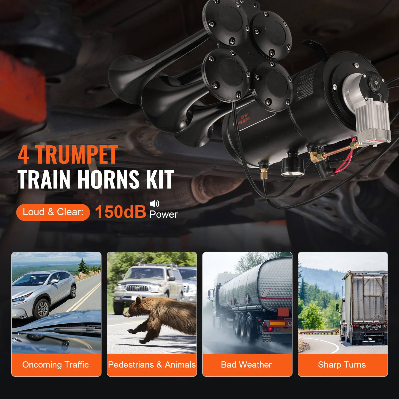 Train Horns Kit, 4 Trumpet Air Horn Kit, 150dB Train Horns for Pickup Trucks 12V 120 psi Air Compressor for Truck Train - Image 2