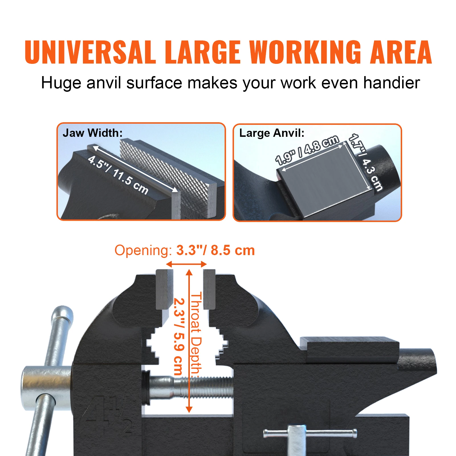Bench Vise 4.5" 6" 6.5" Multipurpose, Swivel Base & Anvil Heavy Duty Cast Iron for Drilling, Conduit Cutting, Sanding - Image 3
