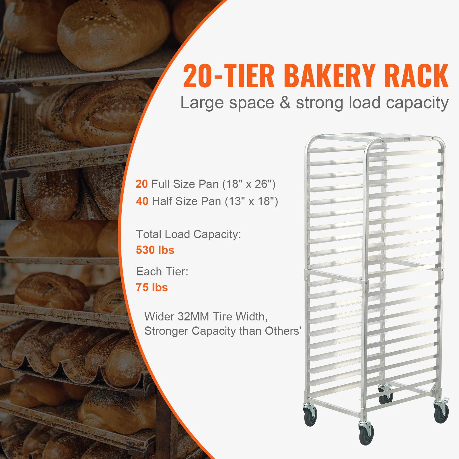 10/20 Sheet Bun Pan Rack Commercial Bakery Racks with Brake Wheels Aluminum Racking Trolley Storage for Bread Baking - Image 3