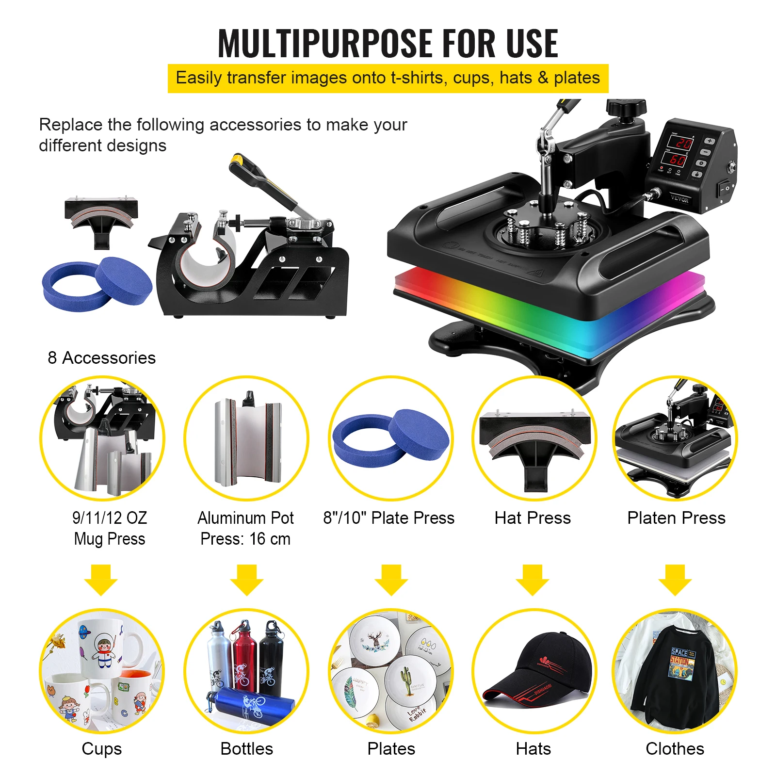 30*38CM 8 in 1 Combo Upgrade Heat Press Machine 360° Rotation Sublimation Printer Cap Shirt Mug Plate 2D Heat Transfer - Image 2