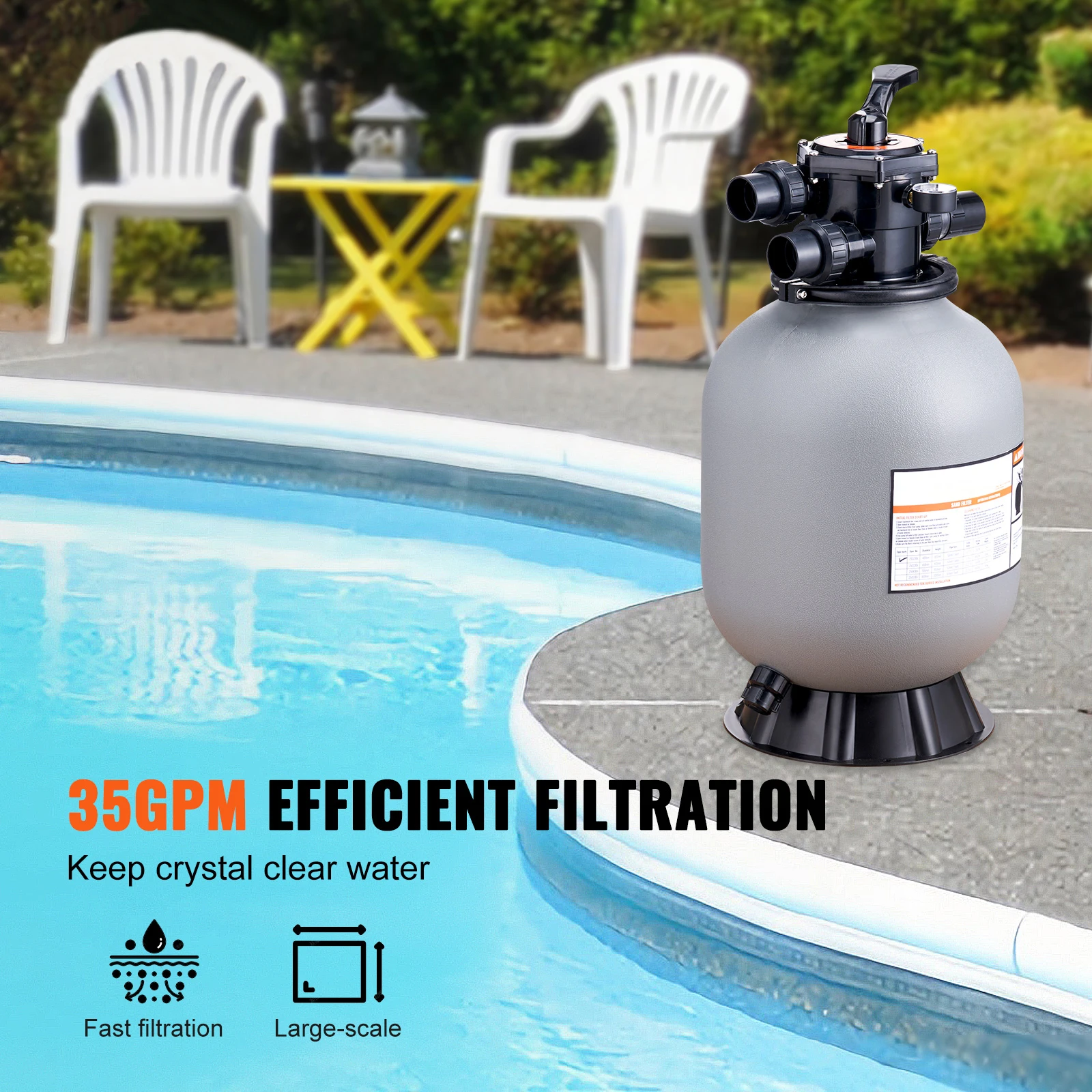 16/19/22/24 Inch Sand Filter 7-Way Multi-Port Valve & High GPM Flow Rate Above Inground Swimming Pool Sand System Gray - Image 2