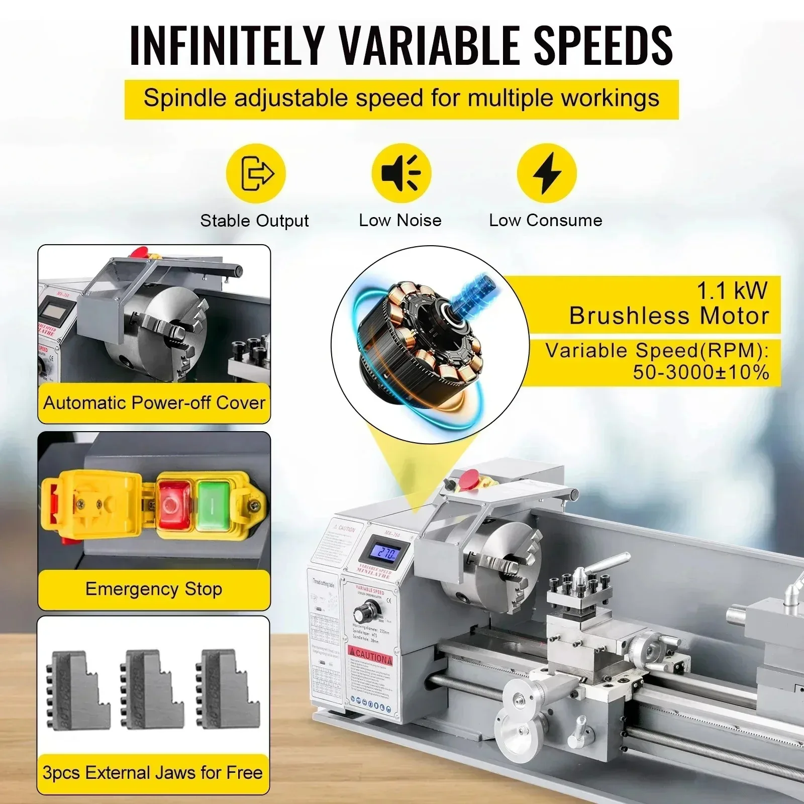 Metal Mini Lathe 1100W Mini Metal Lathe Machine 220X600 220 X 750MM Infinitely Variable Speed LED for Counter Face Turning - Image 4