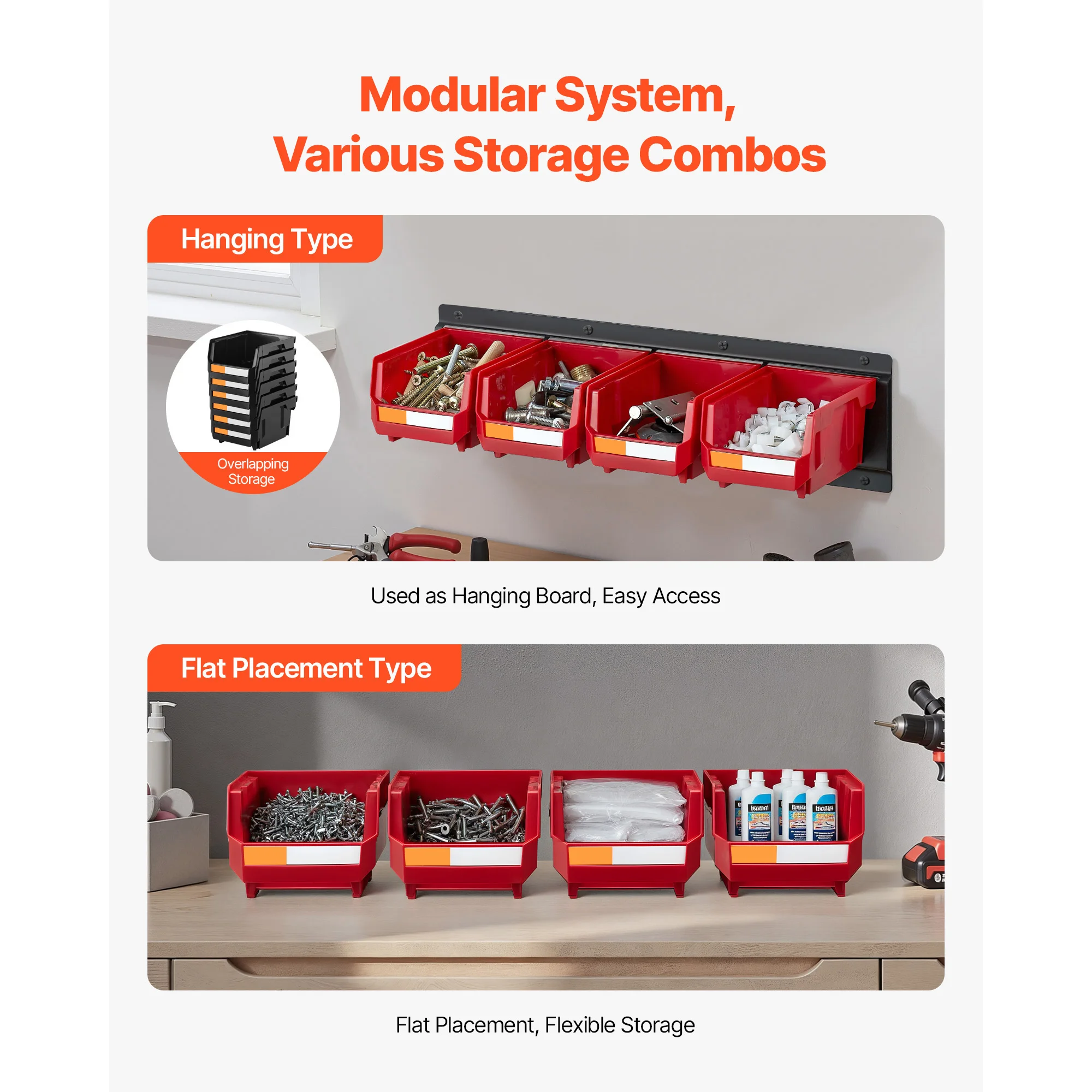 Wall Mounted Storage Bins 12 Plastic Bins & 3 Metal Rails Hanging Stackable Garage Workshop Nails Tools Organizer Box - Image 4