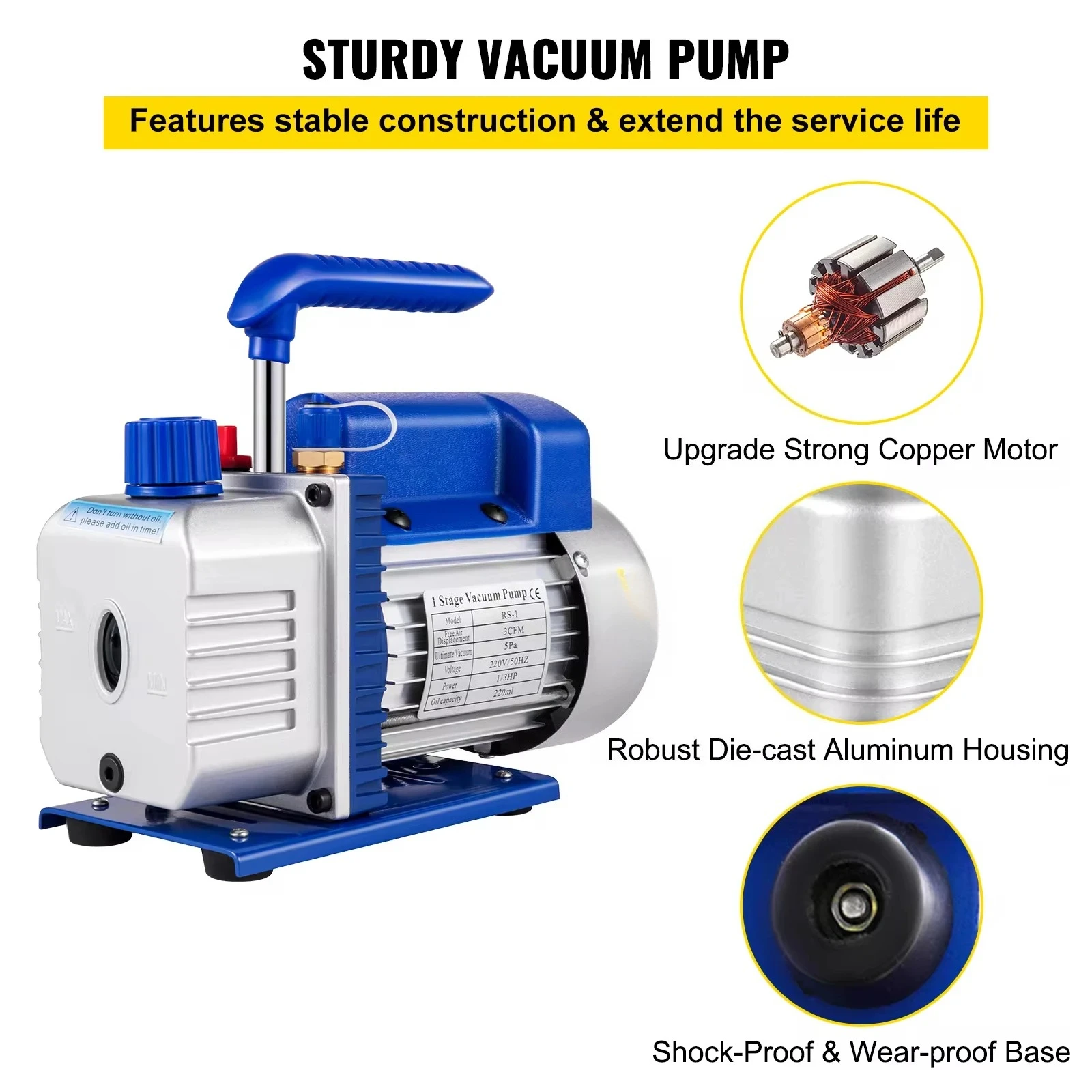 3CFM 1/4HP Vacuum Pump 1 Stage Refrigeration Vacuum Pump Refrigerant Air Conditioning HVAC Maintenance Vacuum Packaging - Image 2