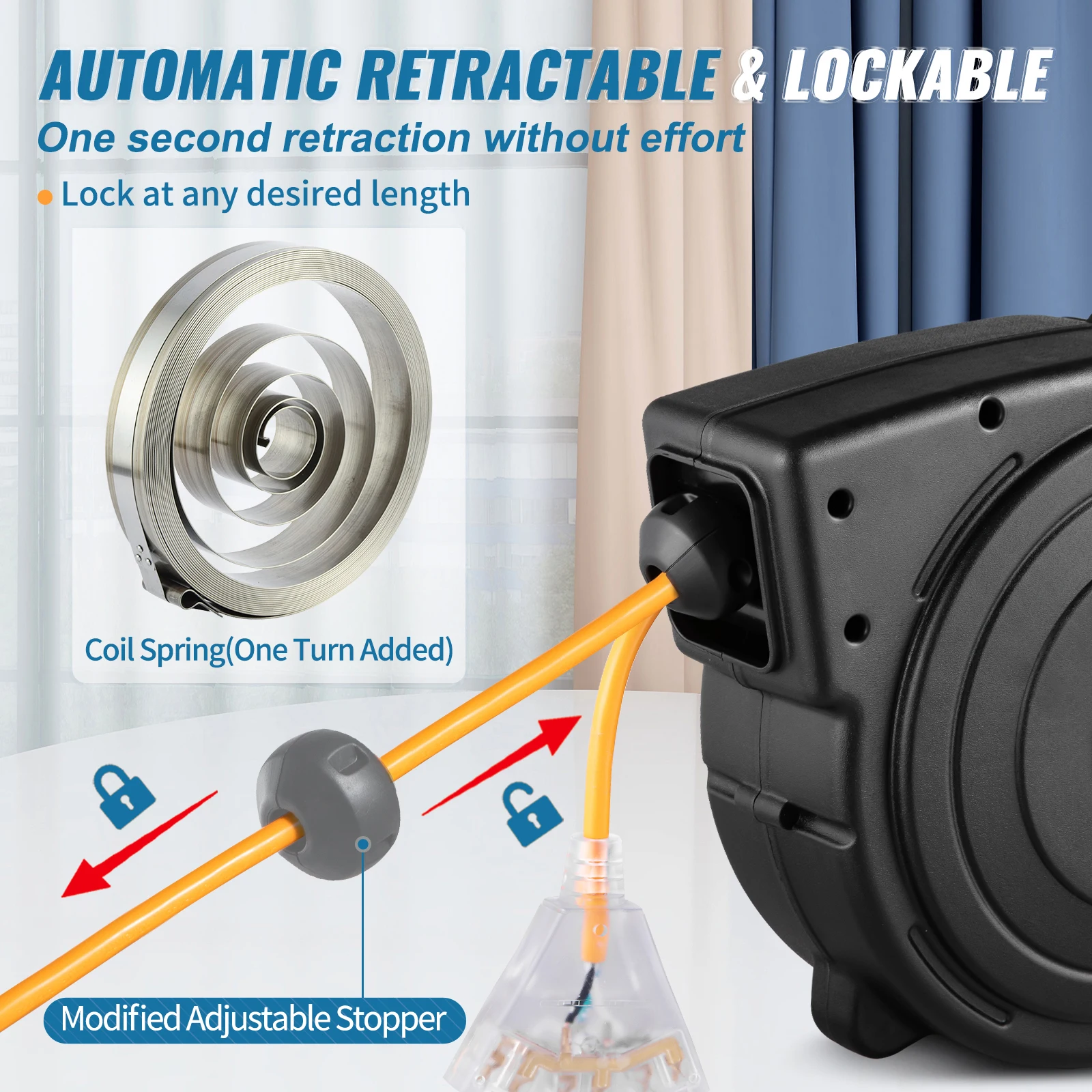 Retractable Extension Cord Reel 45 FT / 65 FT with Lighted Triple Tap Outlet 180° Swivel Bracket Heavy Duty Power Cord - Image 4