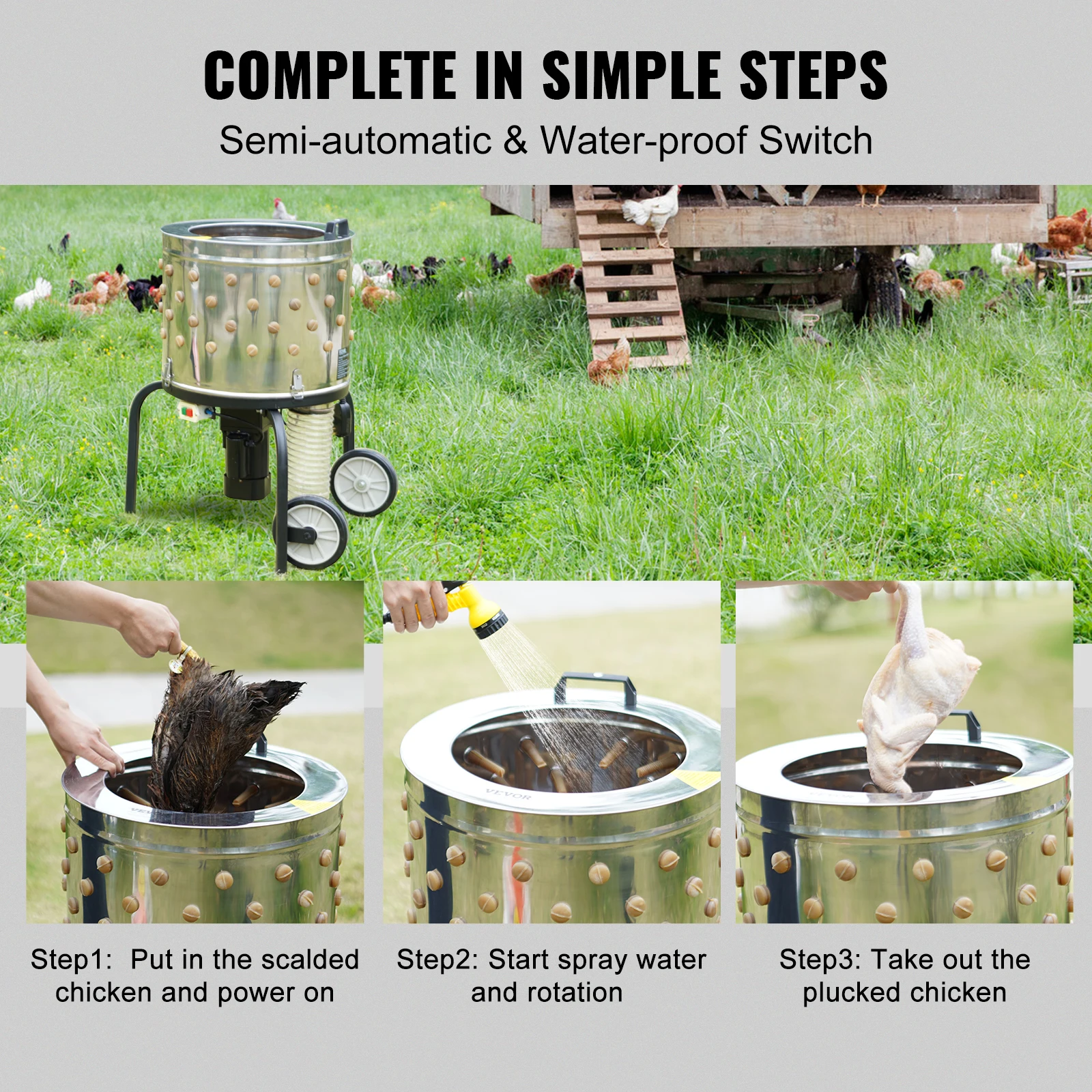 Chicken Plucker Machine 20inch Diameter Stainless Steel Drum 108 Soft Fingers 500W Poultry Plucking Debris Collection - Image 6