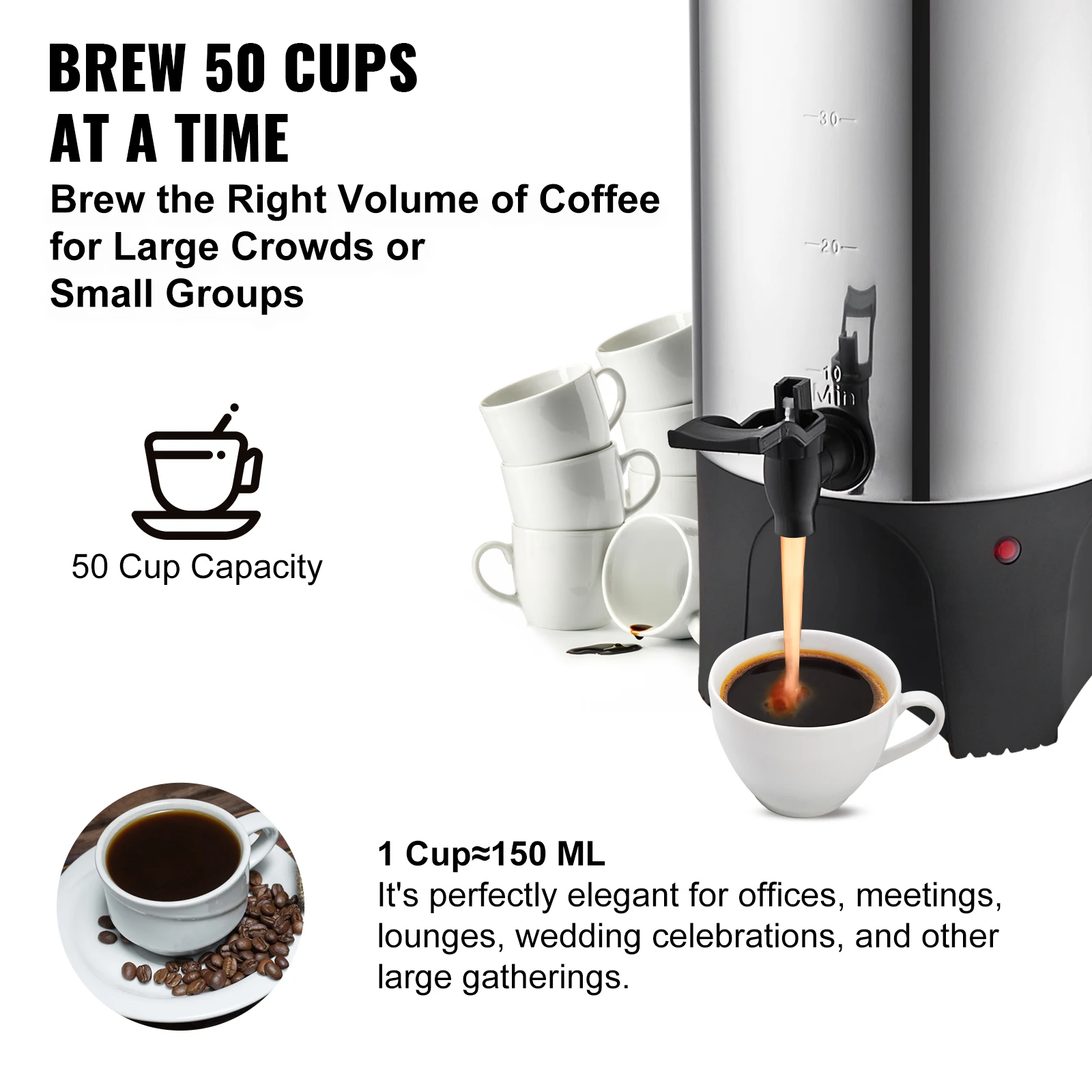 50 Cups Commercial Coffee Urn Stainless Steel Large Coffee Dispenser 1000W Electric Coffee Maker Urn For Quick Brewing - Image 3