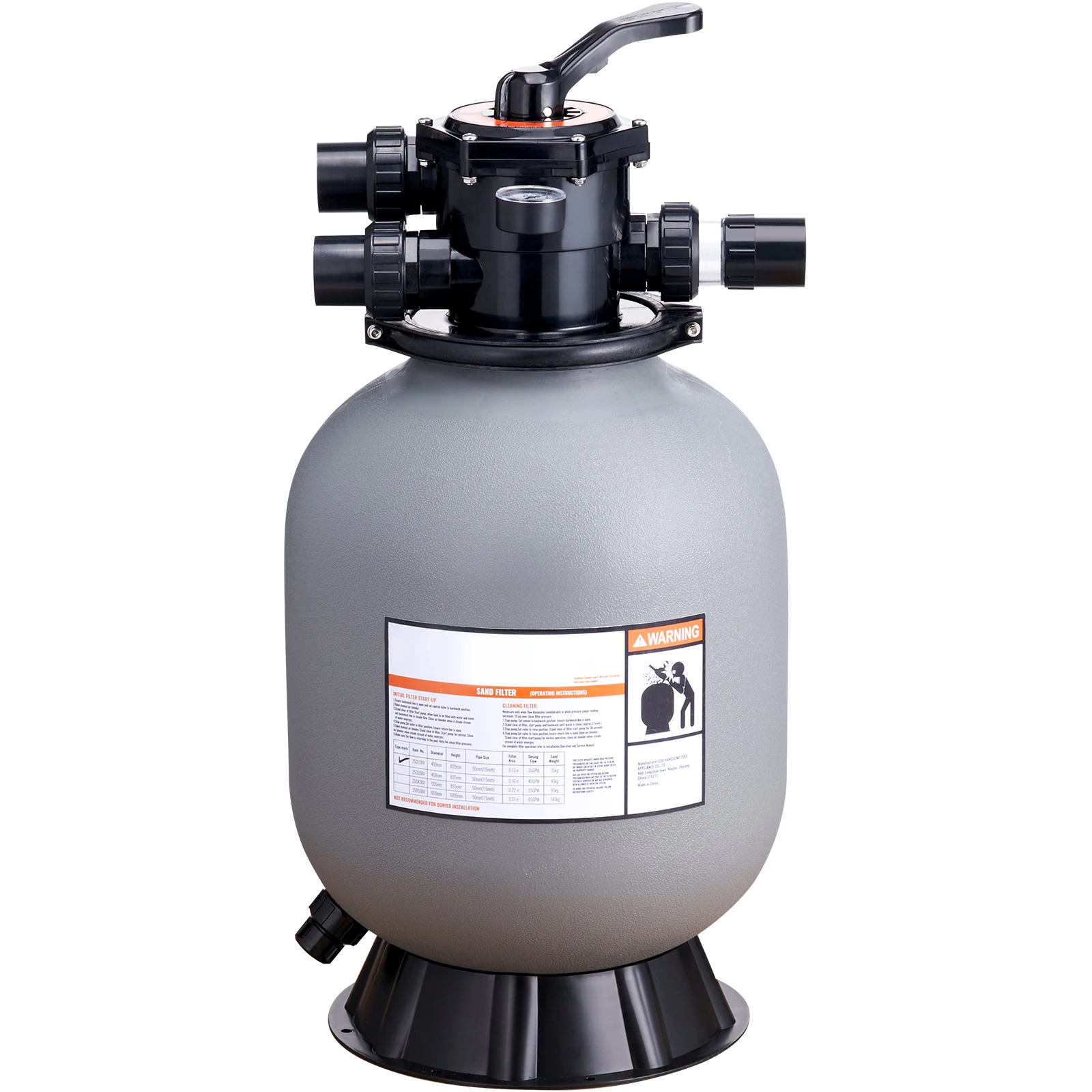 16/19/22/24 Inch Sand Filter 7-Way Multi-Port Valve & High GPM Flow Rate Above Inground Swimming Pool Sand System Gray