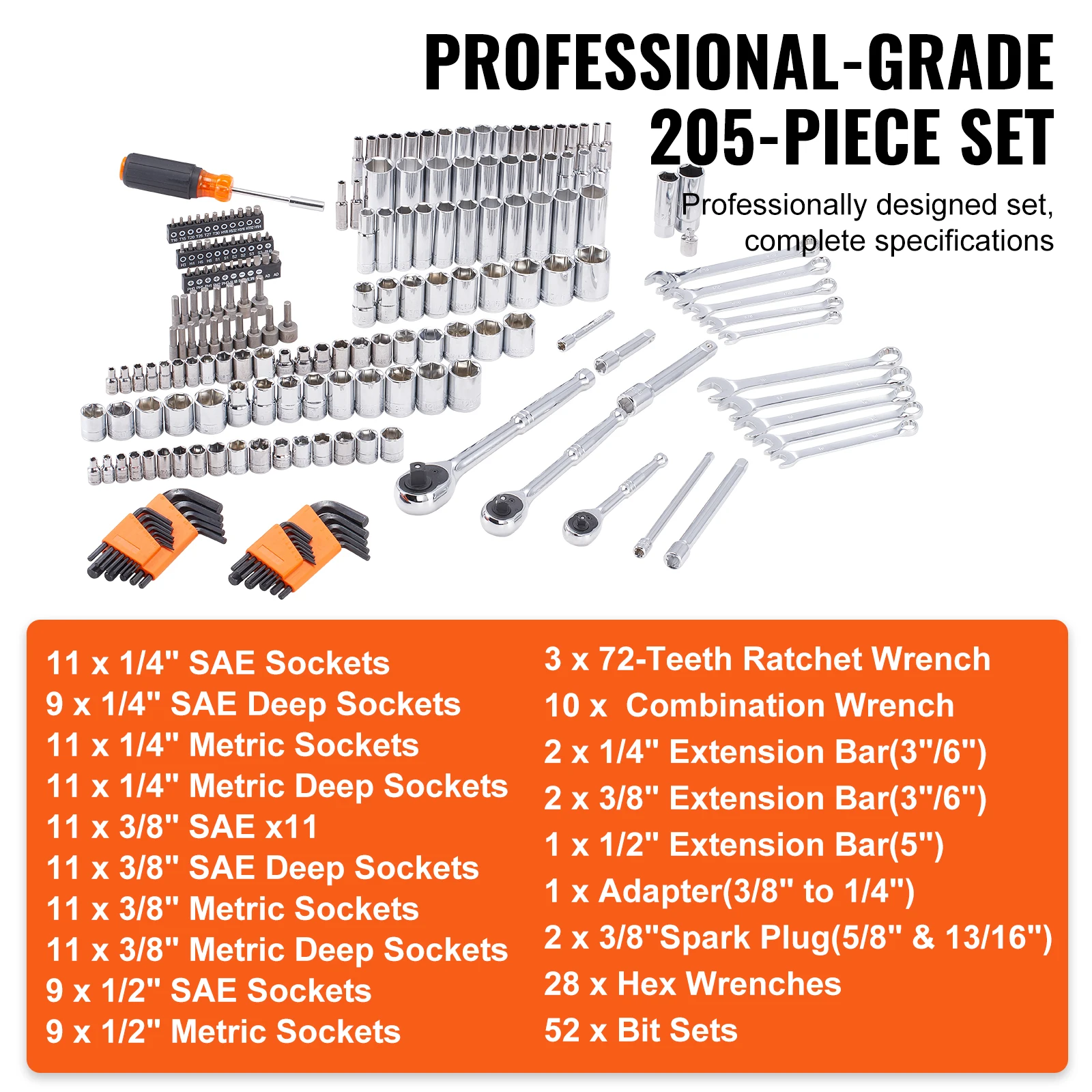 Mechanics Tool Set and Socket Set Deep and Standard Sockets 145/205 Pcs SAE and Metric Mechanic Tool Kit with Bits - Image 5