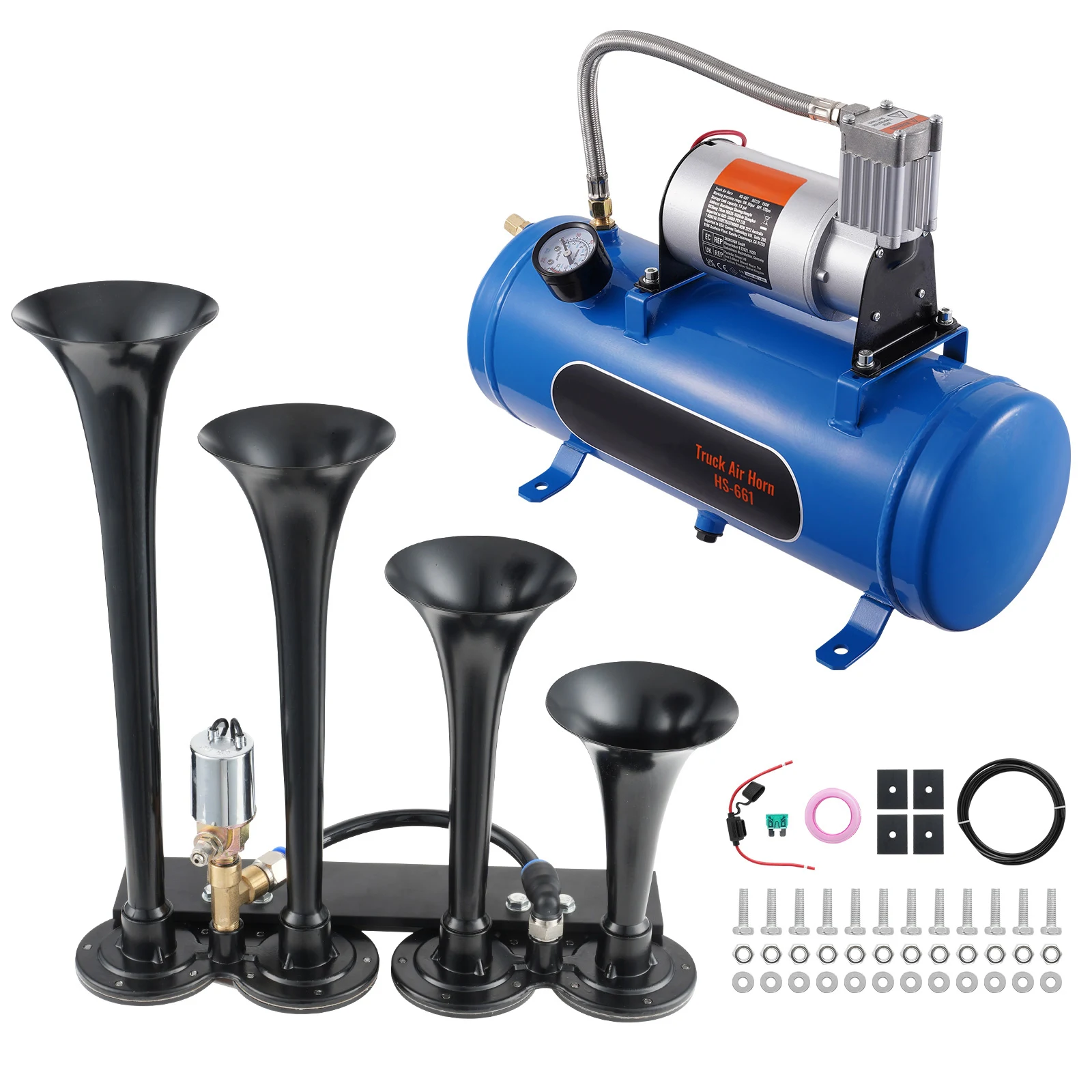 Train Horns Kit 4 Trumpet Air Horn Kit 150dB Train Horns 12V Air Compressor with 3/6/10L Tank, for Pickup Trucks Train