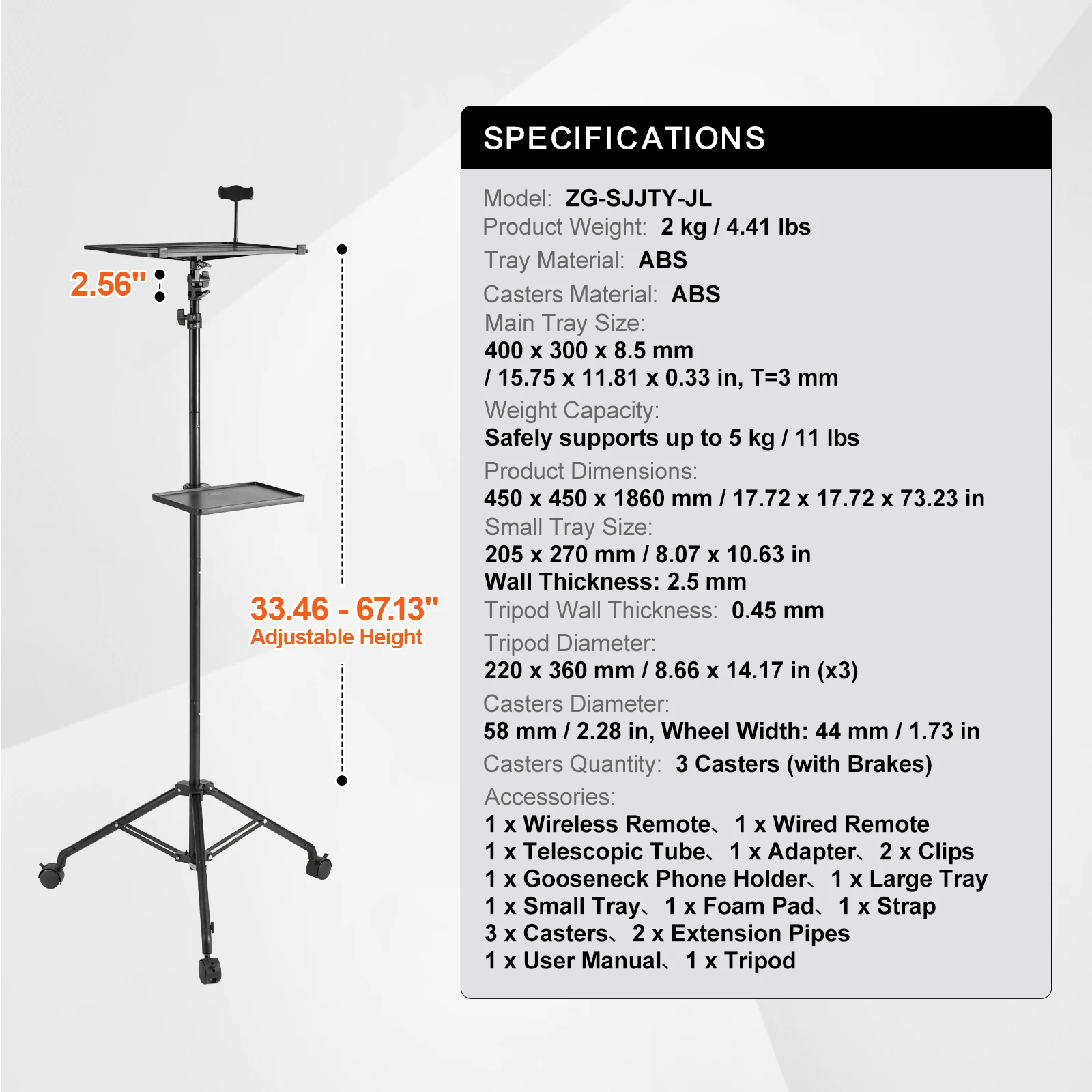 Portable Projector Tripod Stand Adjustable Height w/ Tray & Gooseneck Phone Holder for Outdoor Movies Home Office Stage - Image 6