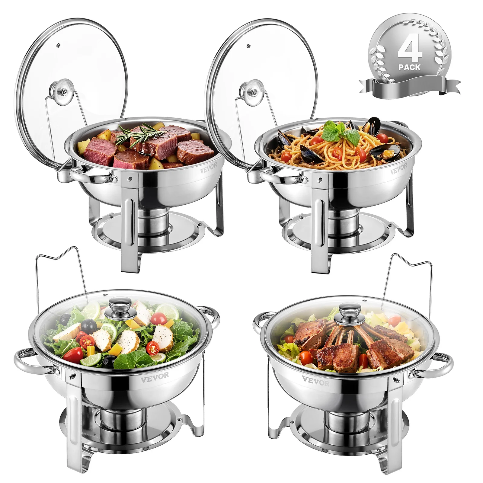 5 Qt 4 Pack Chafing Dish Buffet Set Stainless Steel Chafer with 4 Full Size Pan Round Catering Warmer Server for Party