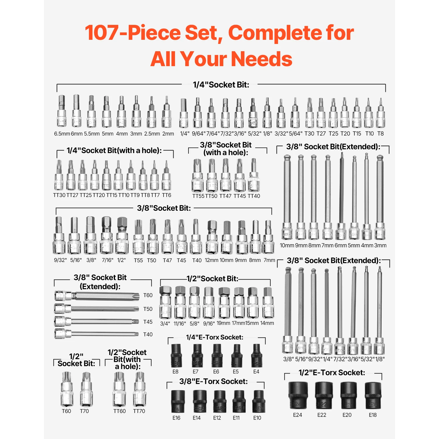 Bit Socket Set 107-Piece SAE and Metric Hex/Torx/External Torx/Tamper-Proof/Extra Long S2 Alloy Steel and Cr-V Steel - Image 7