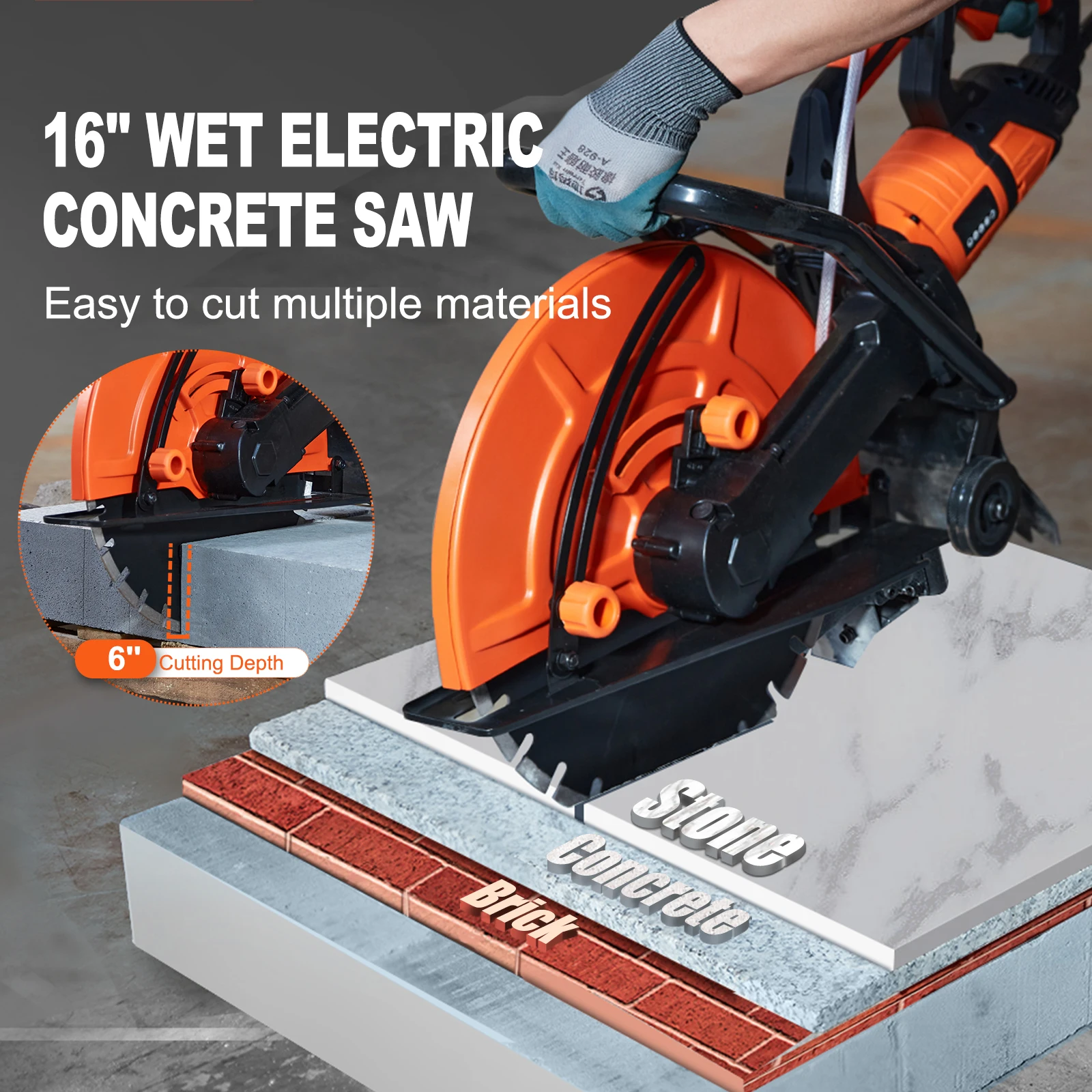 Electric Concrete Saw 16 in 3200 W 15 A Motor Circular Saw Cutter with Max. 6 in Adjustable Cutting Depth Wet Disk Saw - Image 5