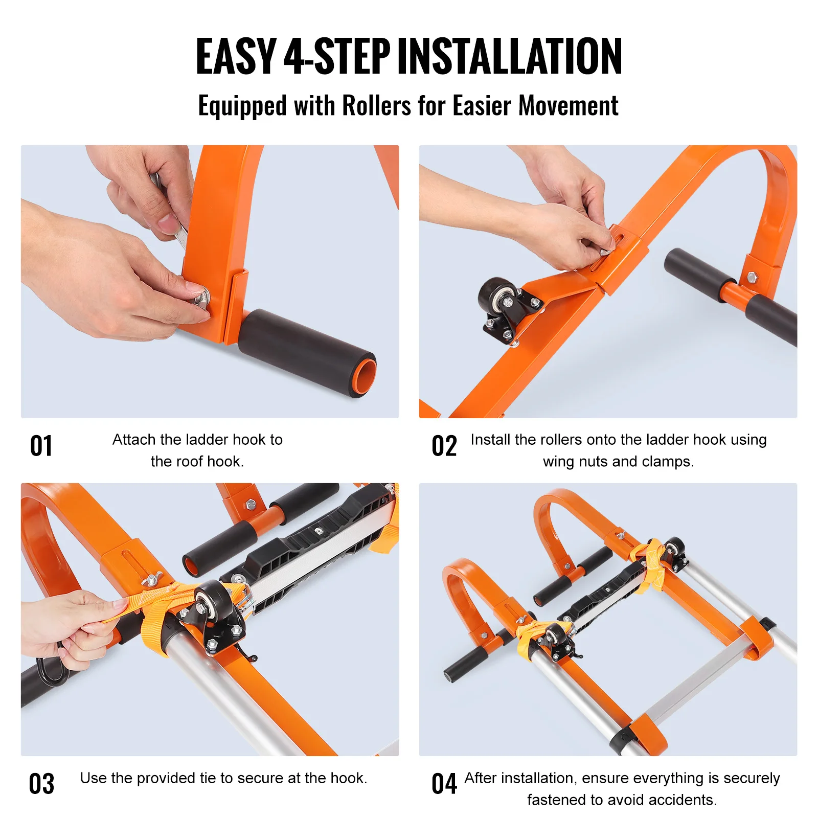 Orange/Black Ladder Roof Hook Heavy Duty Steel Ladder Stabilizer Roof Ridge Extension Rubber Grip T-Bar 500 lbs - Image 3
