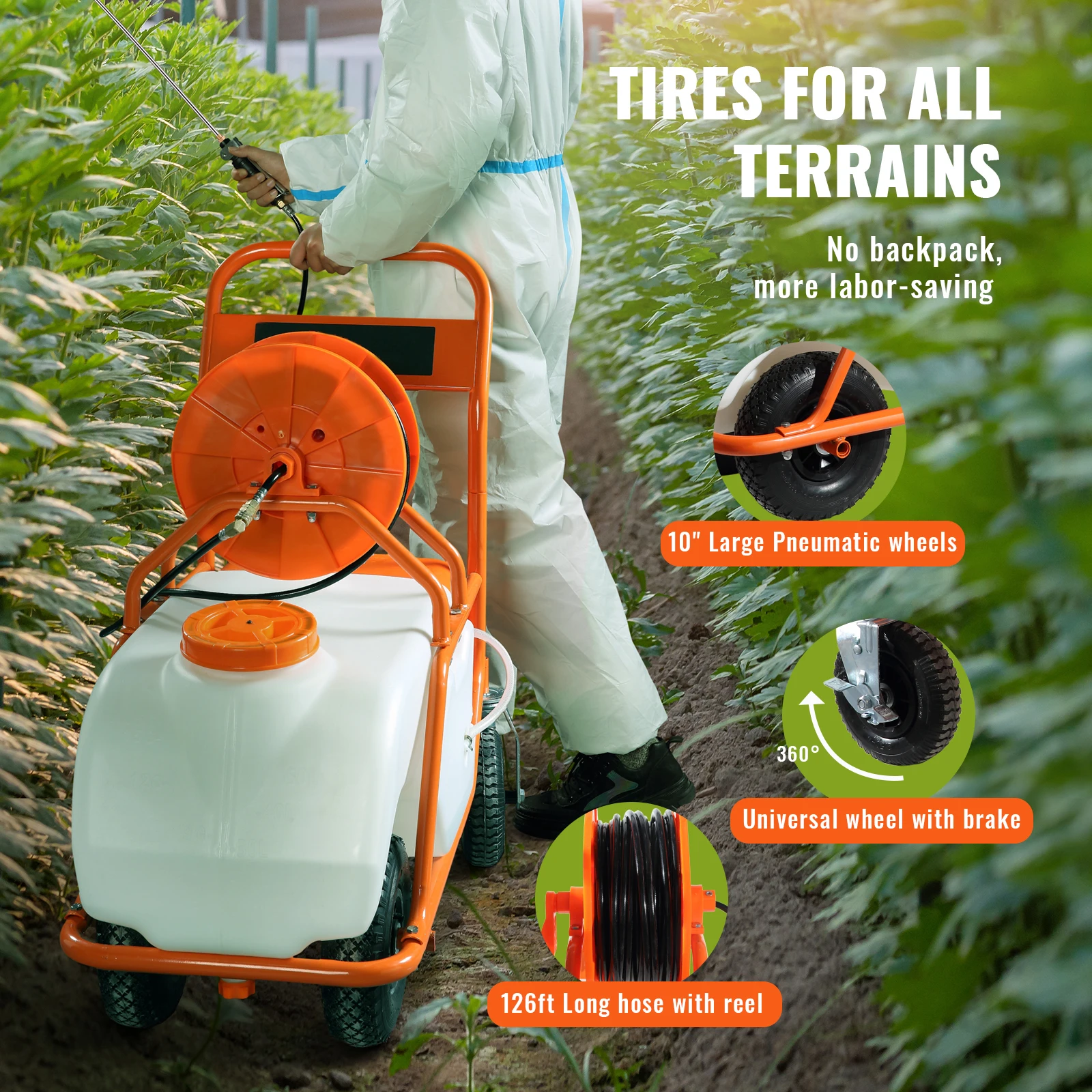 Battery Powered 15 Gal Garden Weed Sprayer with Wheeled Cart 126FT Hose with Reel 8 Nozzles 2 Wands with Lock for Crop - Image 3