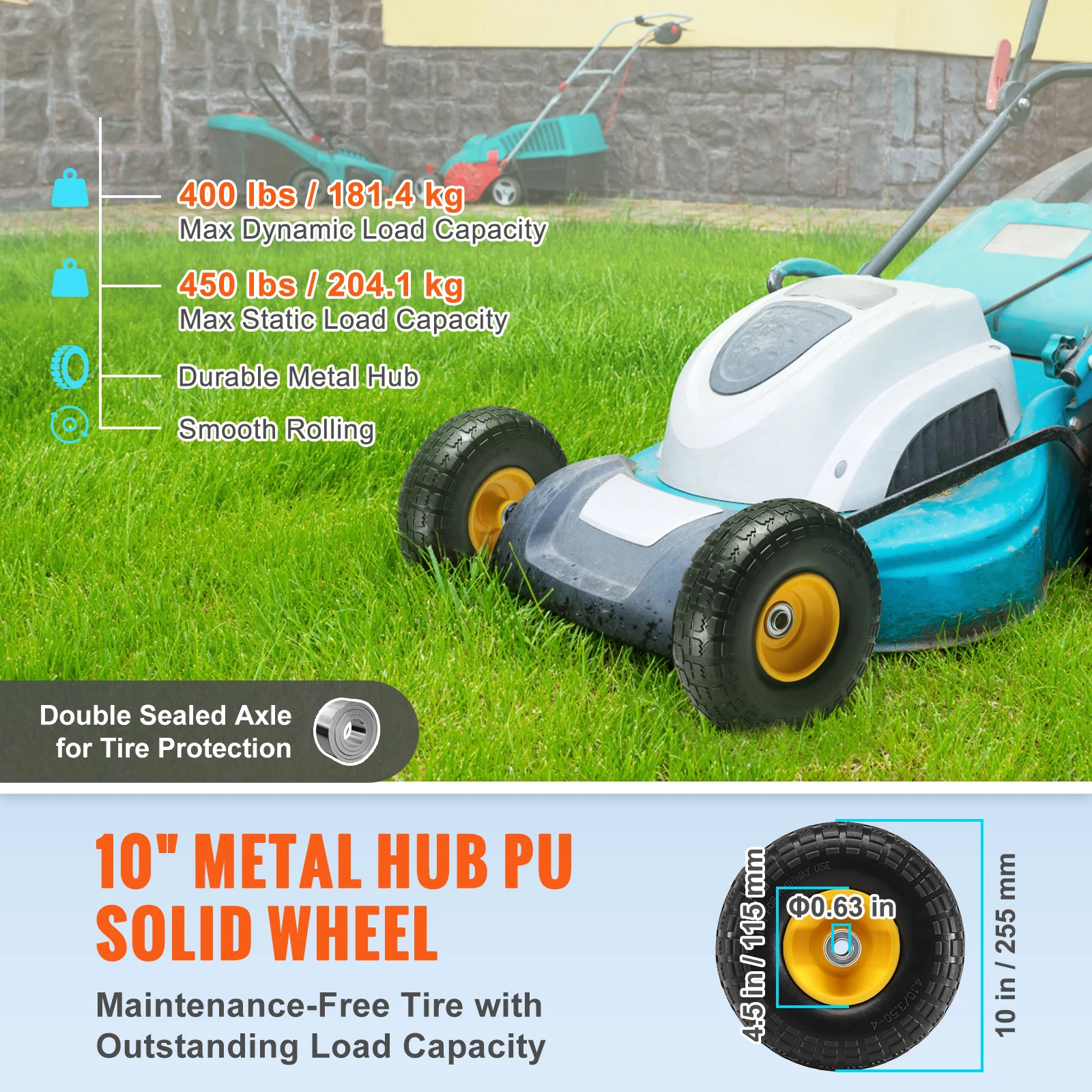 2-Pack Solid PU Run-Flat Tire Wheel 10" Flat Free Tubeless Tires and Wheels for Dollies Garden Trailers Various Carts - Image 2
