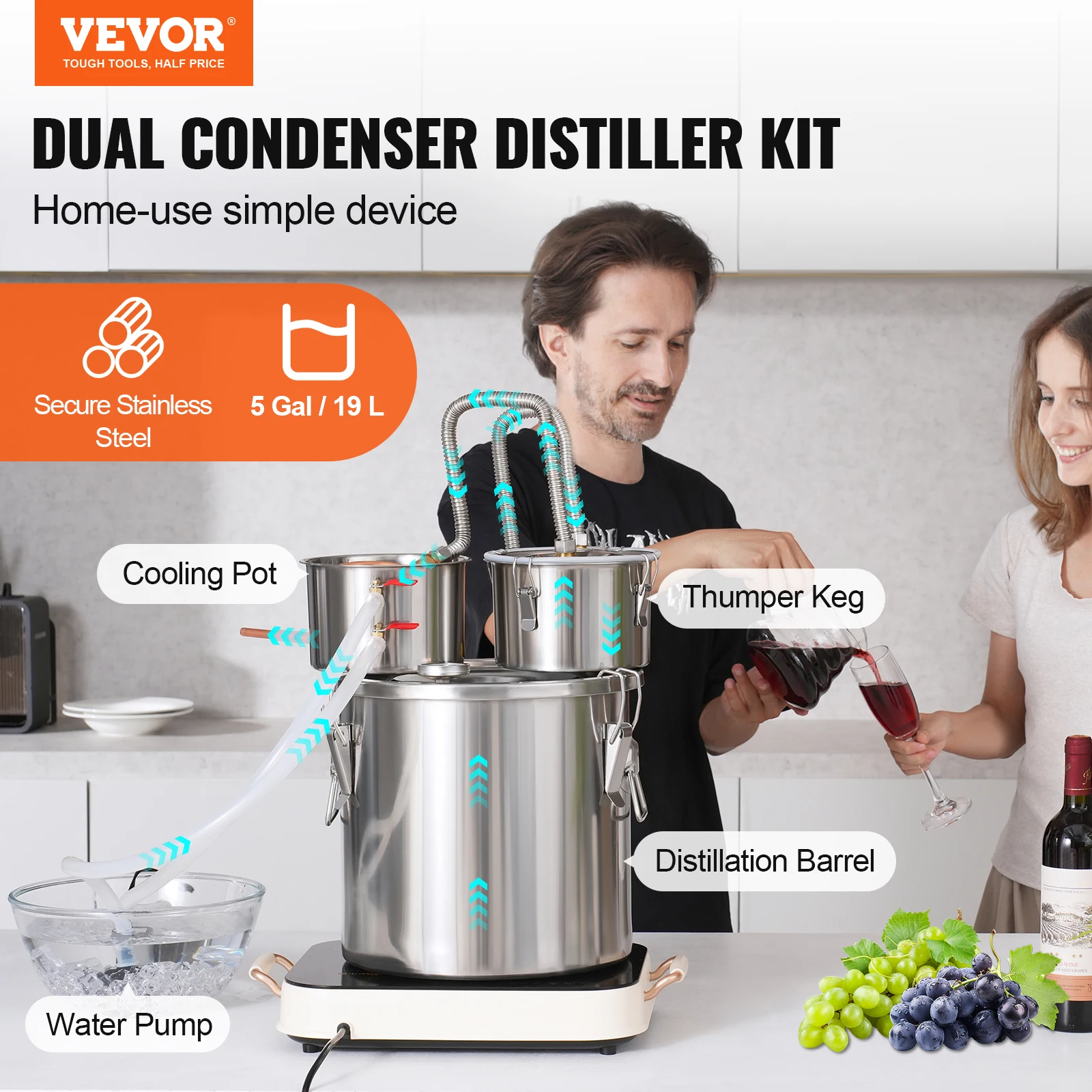 Alcohol Still Stainless Steel Water Alcohol Distiller Fast Cooling Dual Condenser Distiller Kit for Wine Whisky Brandy - Image 2
