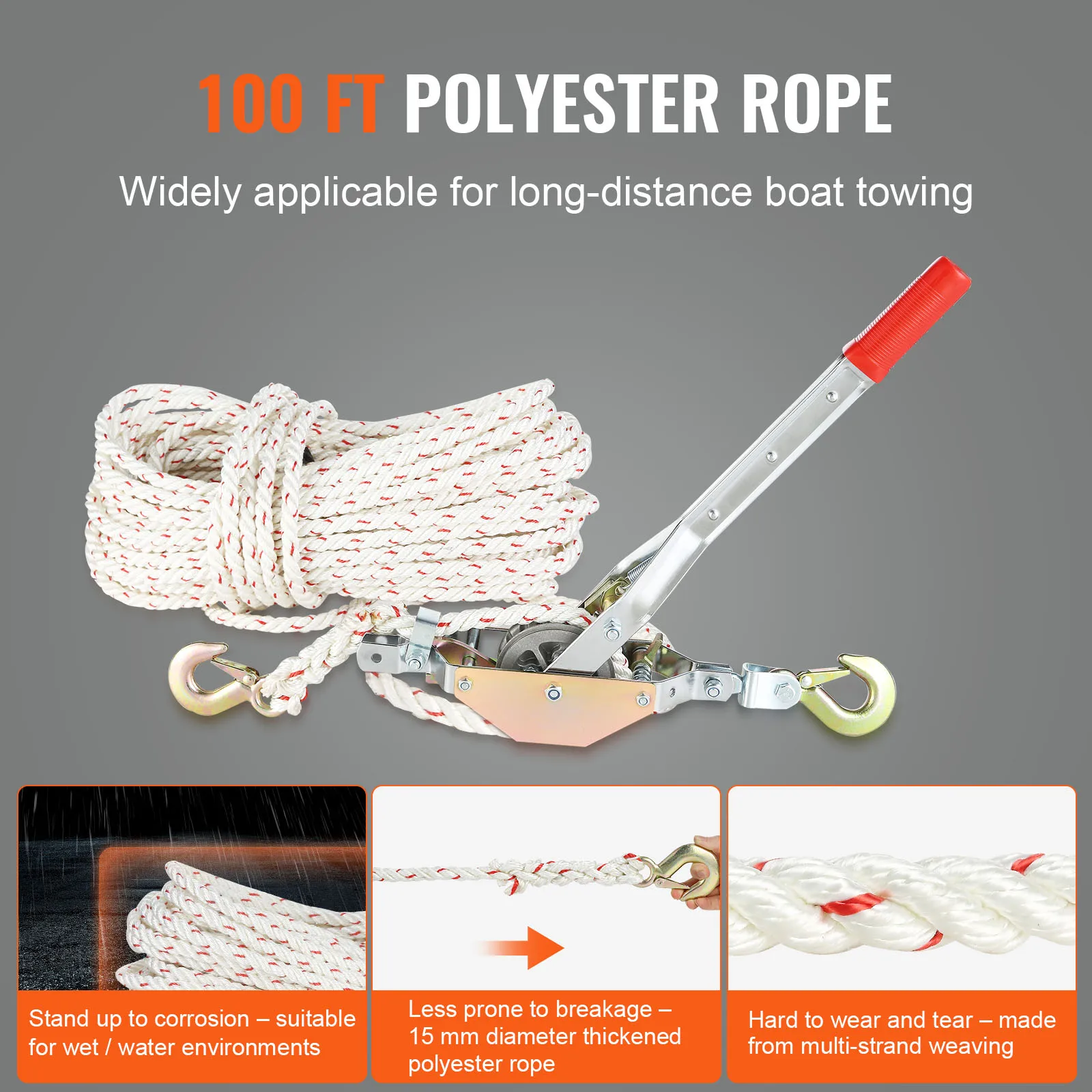 Rope Puller 3/4 T 1653lbs Pulling Capacity with 100' 0.6" diameter Rope 2 Hook Come Along Winch Heavy Duty Puller Tool - Image 3