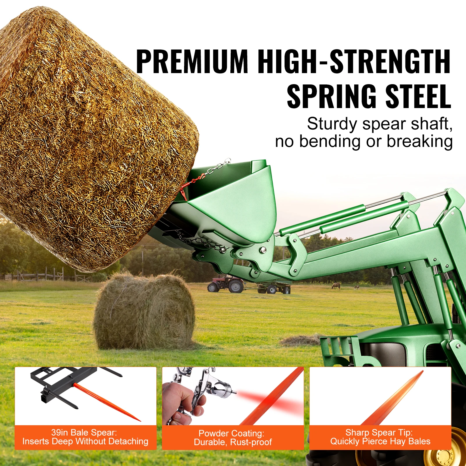 39" Hay Spear Bale Spears 1600lbs Loading Capacity Skid Steer Loader Tractor Bucket Attachment with 17.5" Stabilizer - Image 3