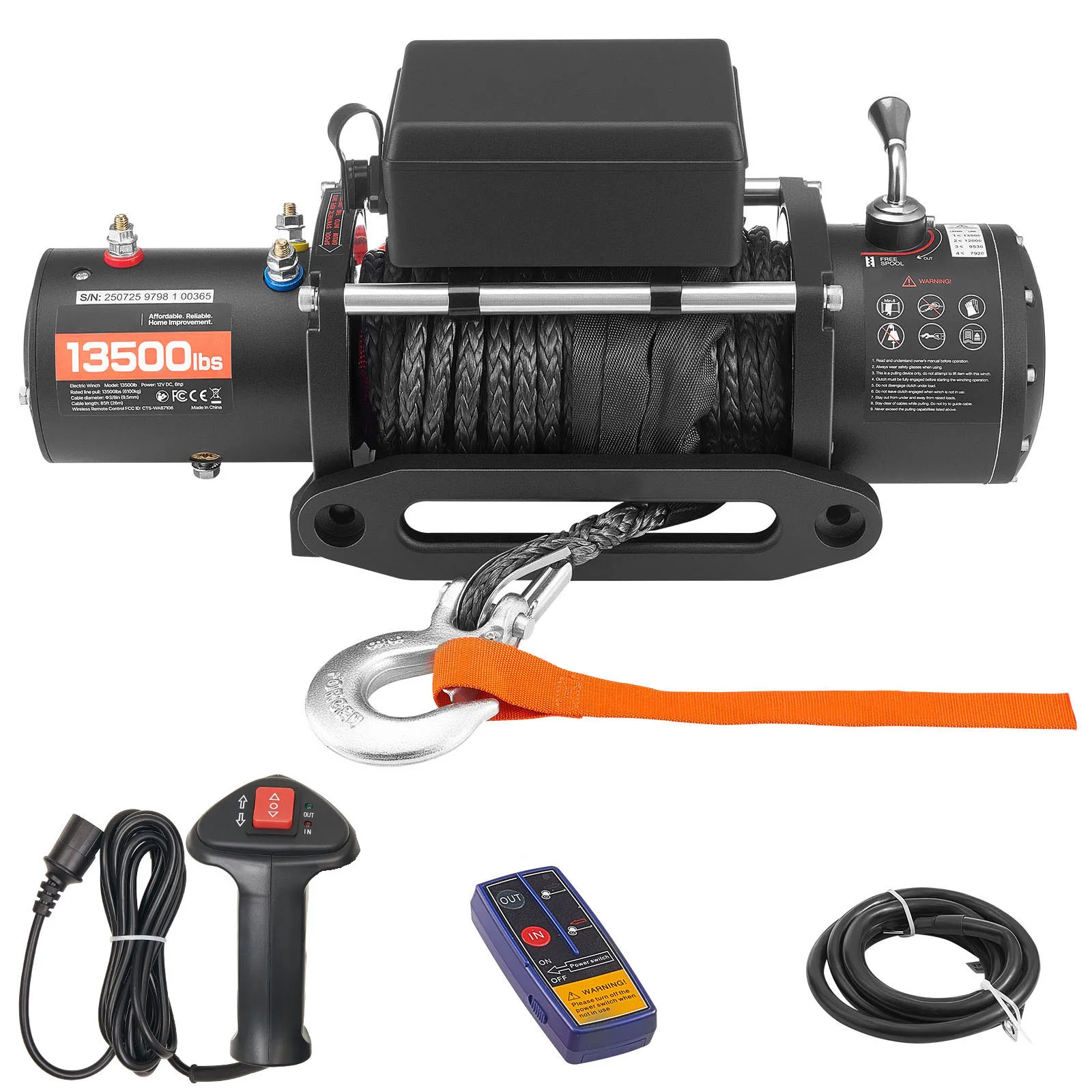 13500 lbs Electric Winch 12V Synthetic Rope Car Winch with Wired Wireless Control for Towing SUV Off-Road Jeep Trailer