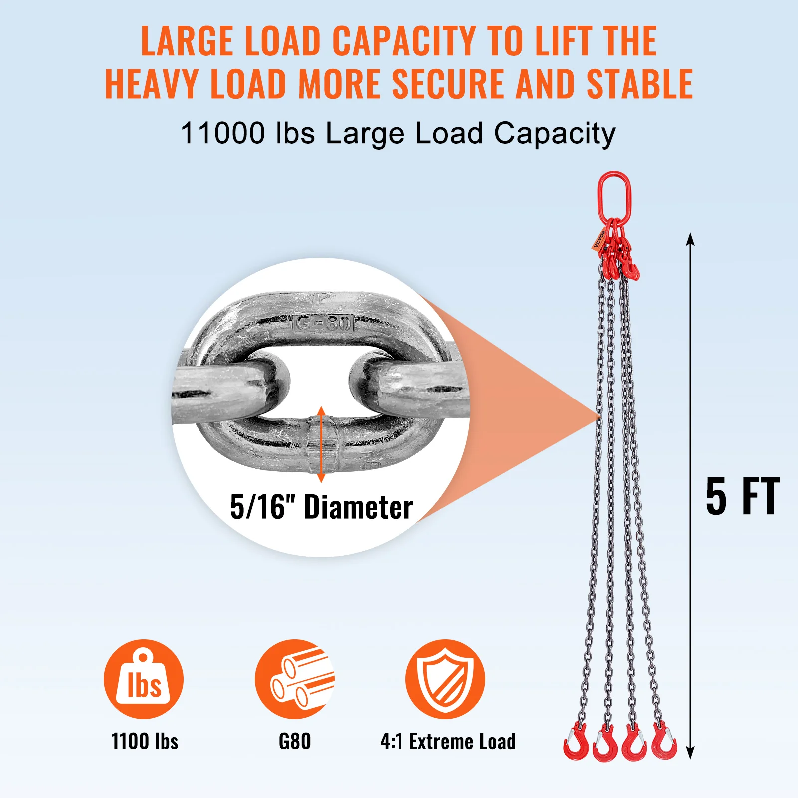 Chain Sling 5/16in X 5 Ft Lifting Chains with Hooks G80 Engine Chain Hoist Lifts Lifting Sling Chains for Engine Hoist - Image 3