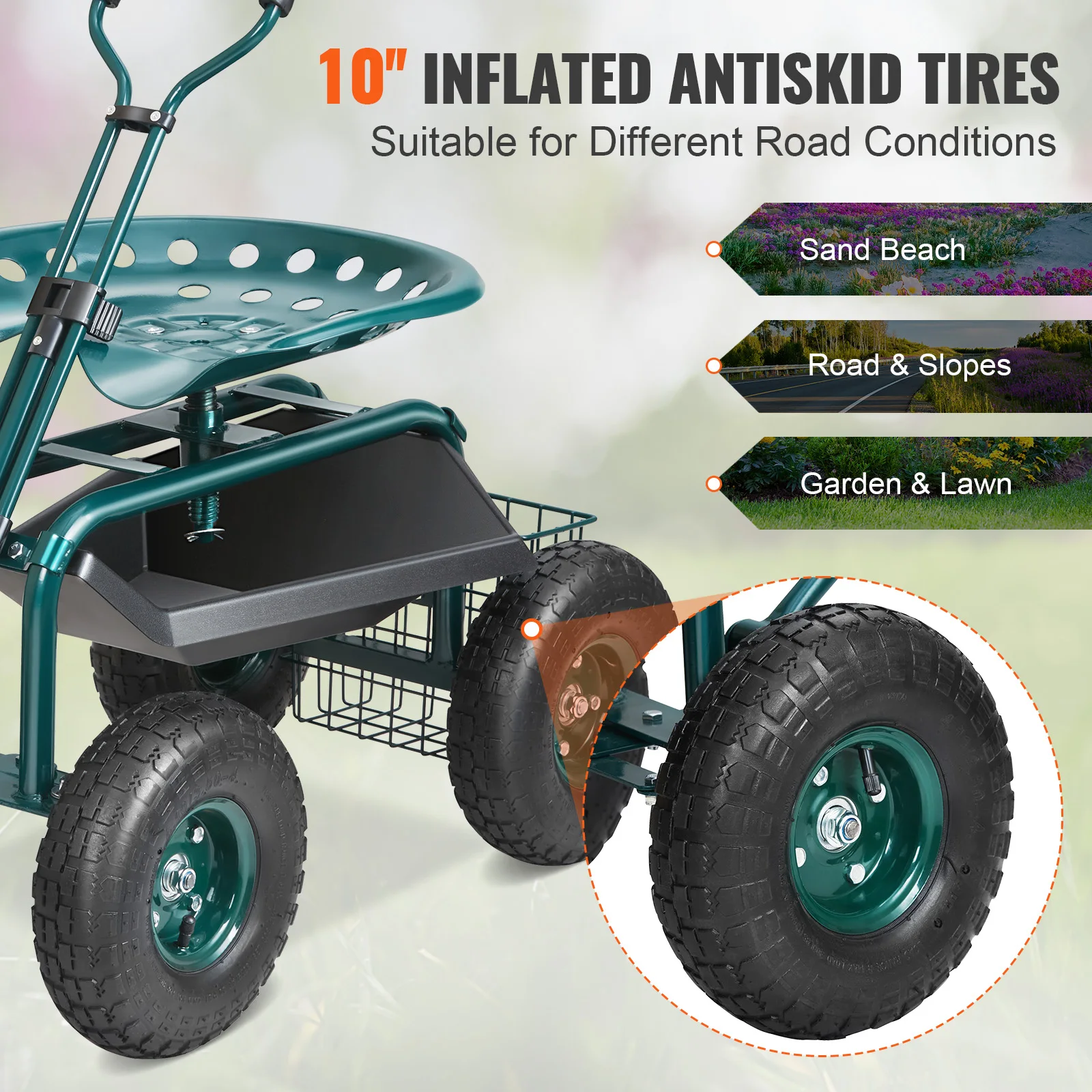 Garden Cart Rolling Workseat with Wheels Gardening Stool for Planting 360Degree Swivel Seat Wagon Scooter with Steering - Image 4