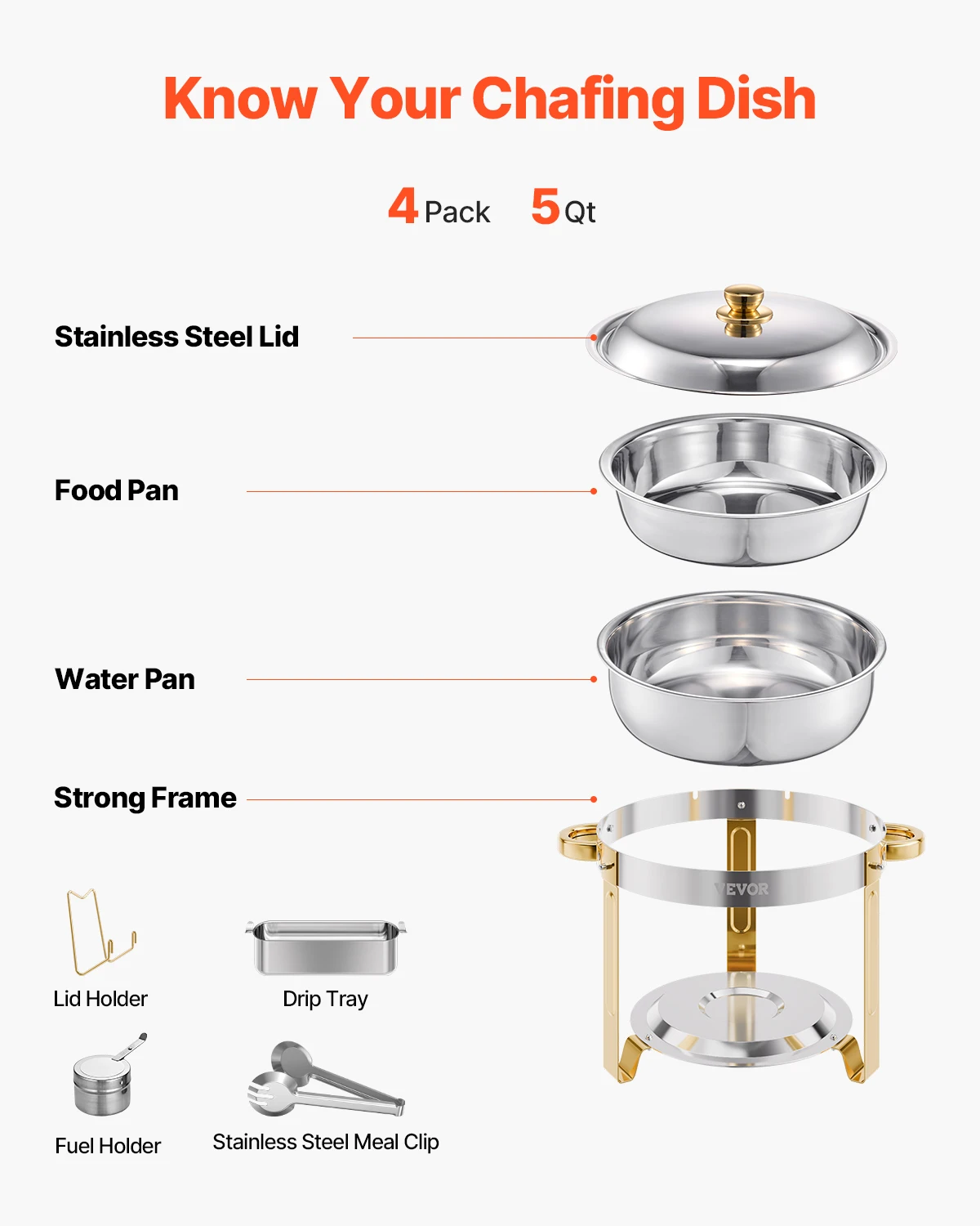 4 Pack Chafing Dish Buffet Set Stainless Steel Chafer w/4 Full Size Pan Round Catering Warmer Server for Party Banquets - Image 6