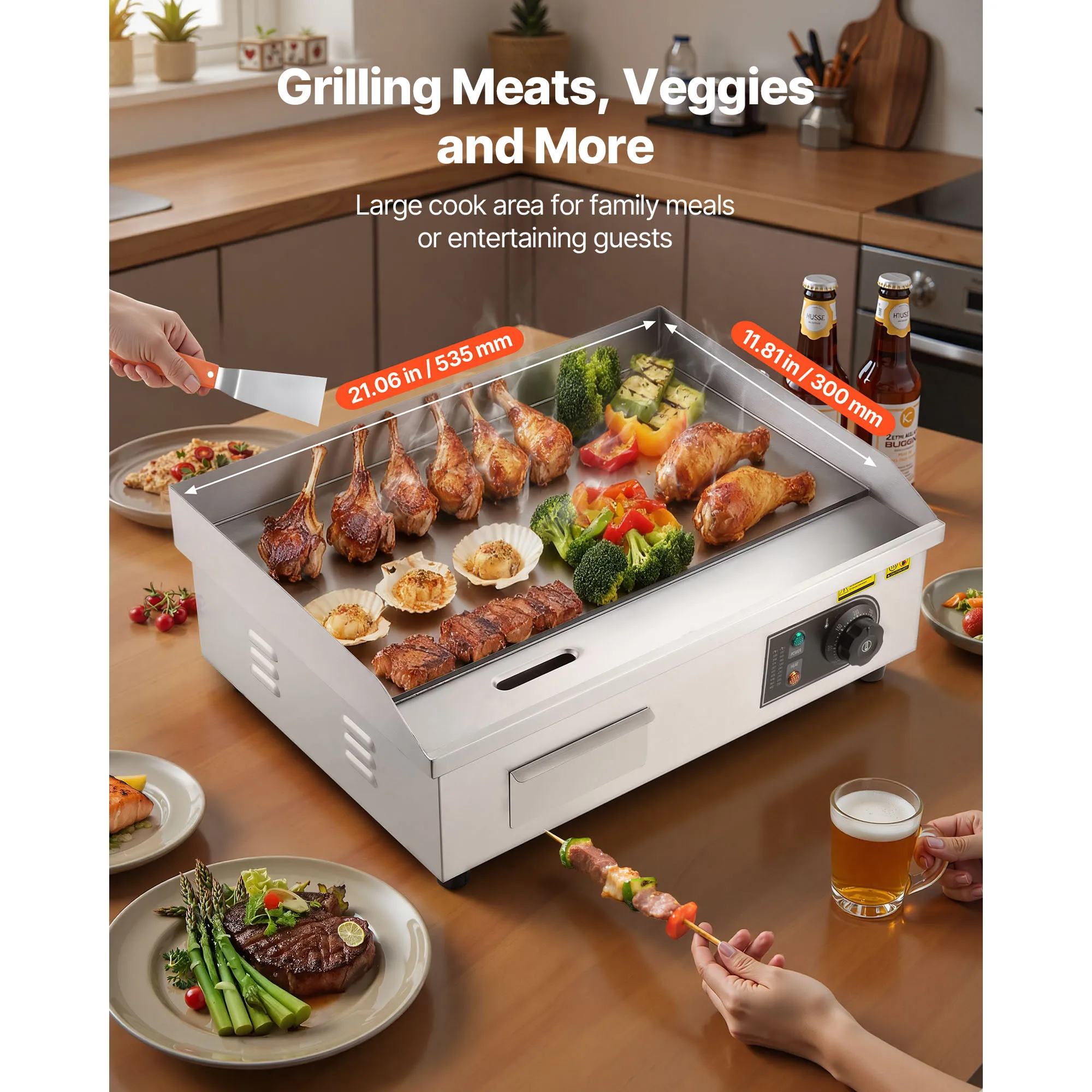 Commercial Electric Griddle 50-300°C Adjustable Temp Control, Stainless Steel Countertop Flat Top Grill for Steak, Panc - Image 3