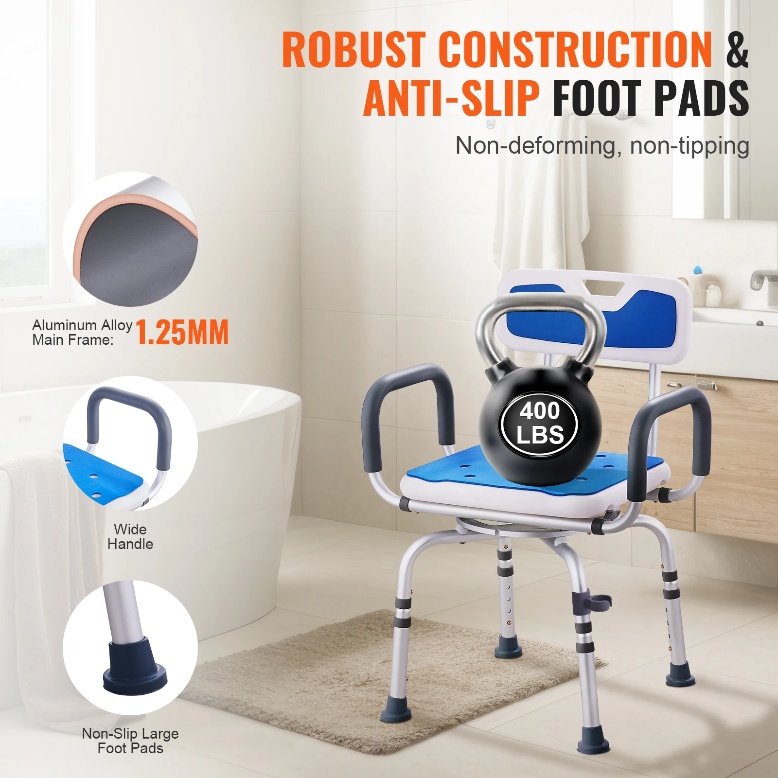 Swivel Shower Chair 360 Degree Adjustable with Armrest and Backrest for Shower or Bathtub Non-Slip for Elderly Disabled - Image 4