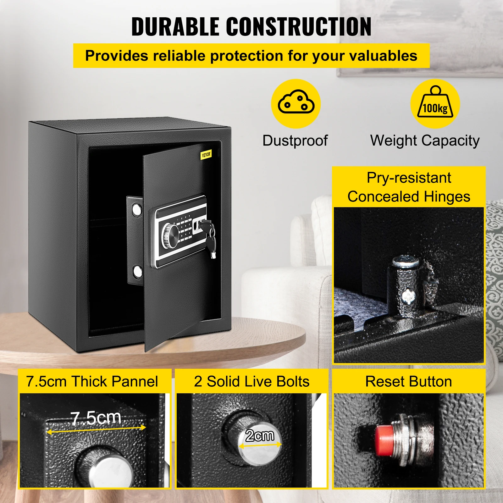 Fingerprint Locks Safe Deposit Box 1.7 Cubic Feet Digital Electronic Secret Hidden Piggy Bank for Jewelry Money Guns - Image 4
