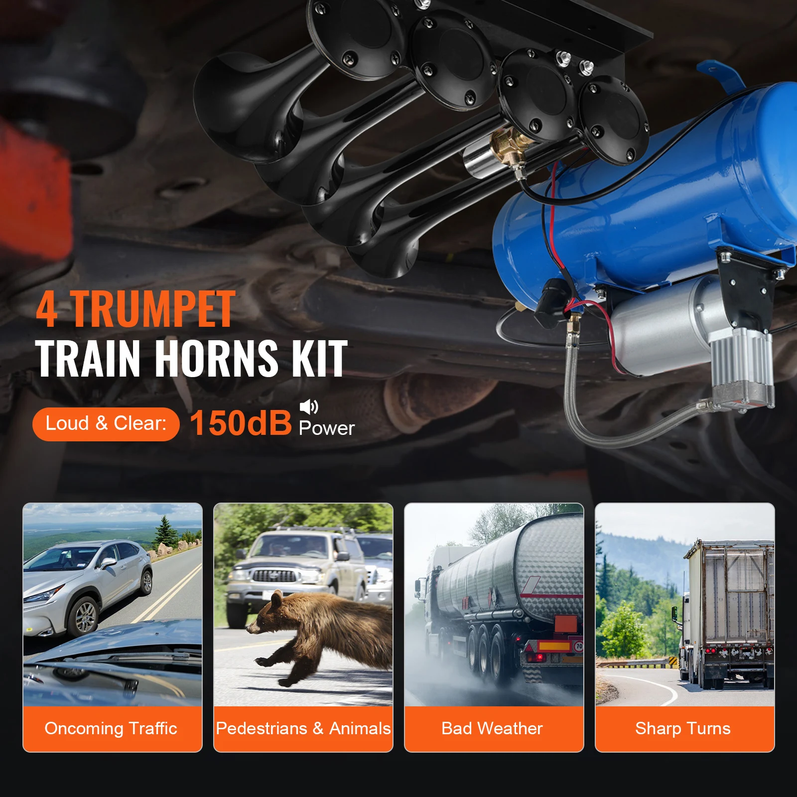 Train Horns Kit 4 Trumpet Air Horn Kit 150dB Train Horns 12V Air Compressor with 3/6/10L Tank, for Pickup Trucks Train - Image 2