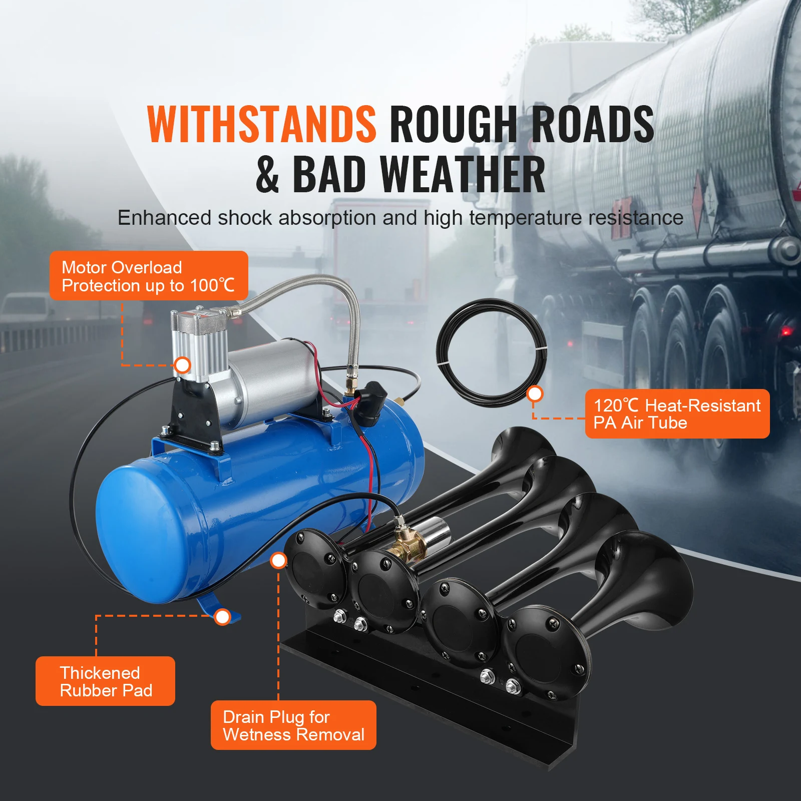 Train Horns Kit 4 Trumpet Air Horn Kit 150dB Train Horns 12V Air Compressor with 3/6/10L Tank, for Pickup Trucks Train - Image 6