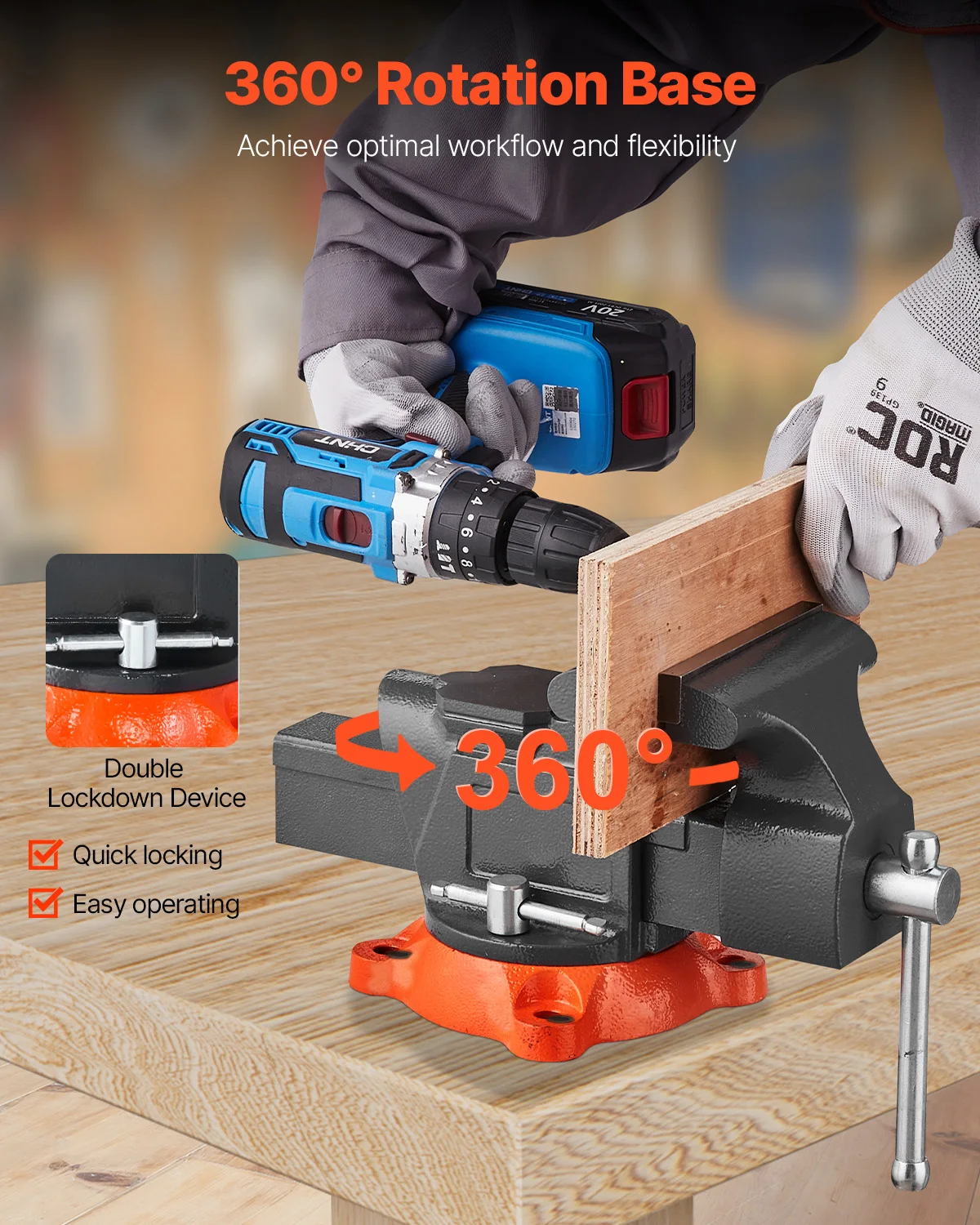 Bench Vise 5"/5.5"/8" Jaw Width Multipurpose Vise with 360° Swivel Locking Base Vise with Anvil for Clamping Round Pipe - Image 5