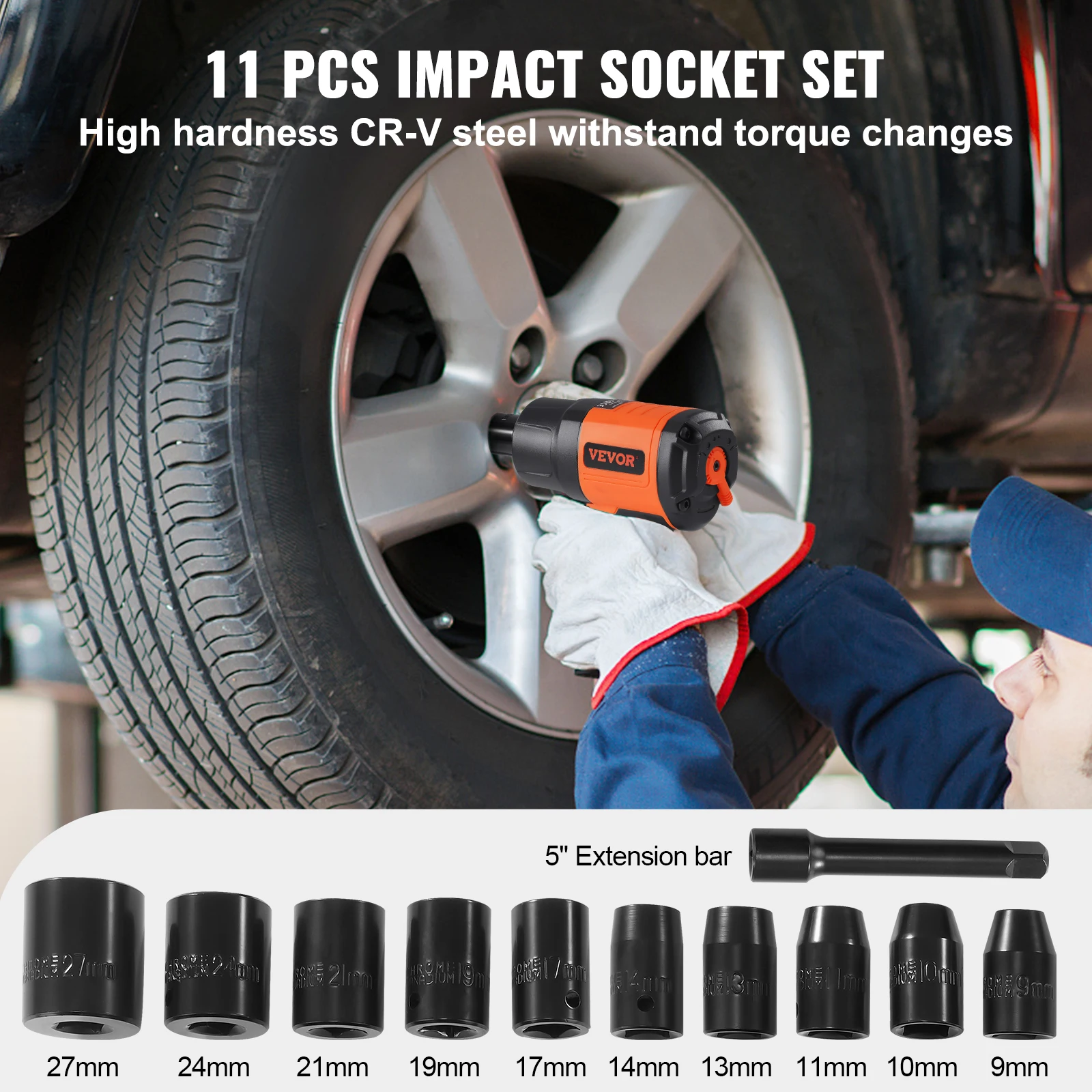 Lightweight 4.6 lb Design Pneumatic Impact Gun with 11-PCS 1/2-Inch Drive CR-V Steel Impact Socket Set & Carrying Case - Image 6