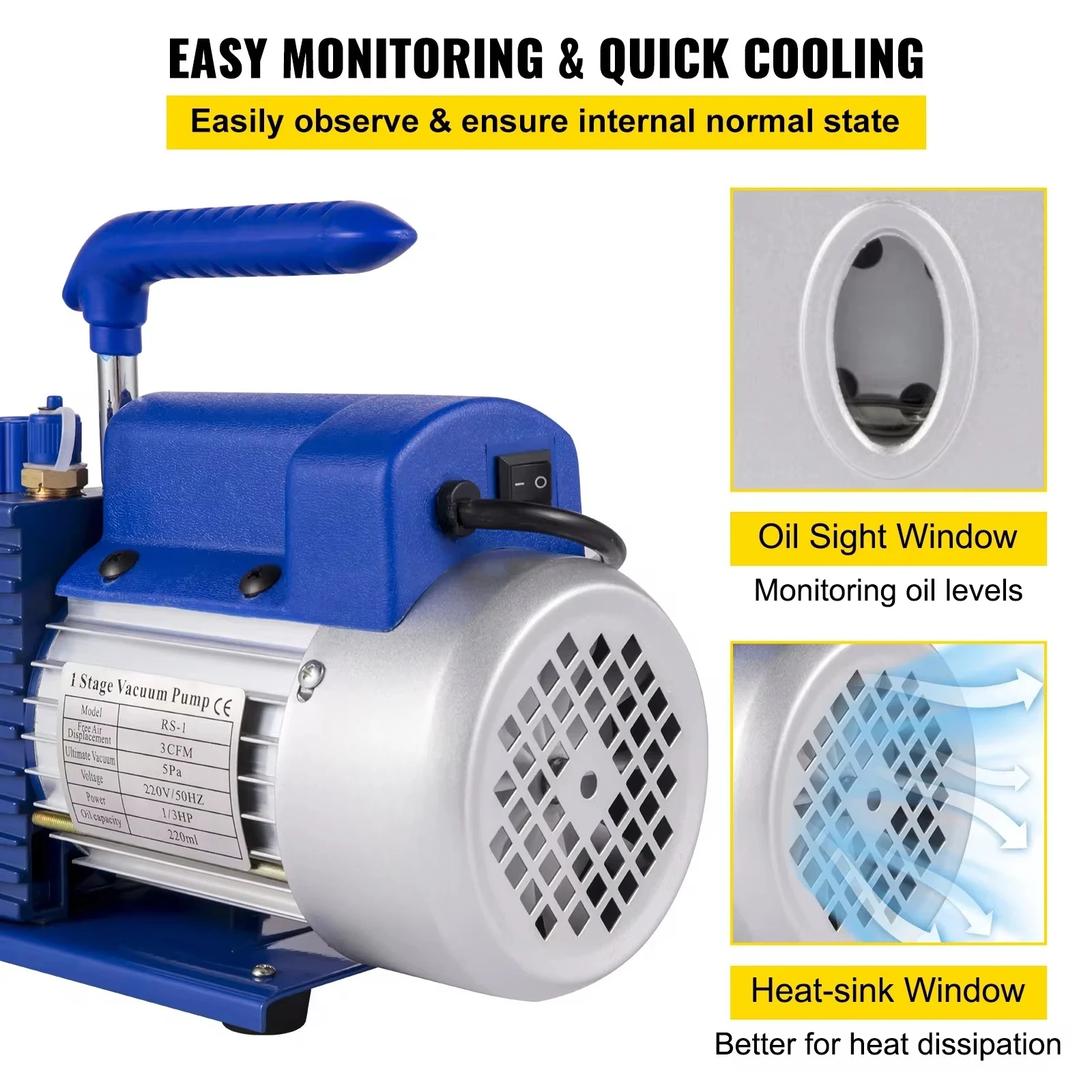 3CFM 1/4HP Vacuum Pump 1 Stage Refrigeration Vacuum Pump Refrigerant Air Conditioning HVAC Maintenance Vacuum Packaging - Image 4