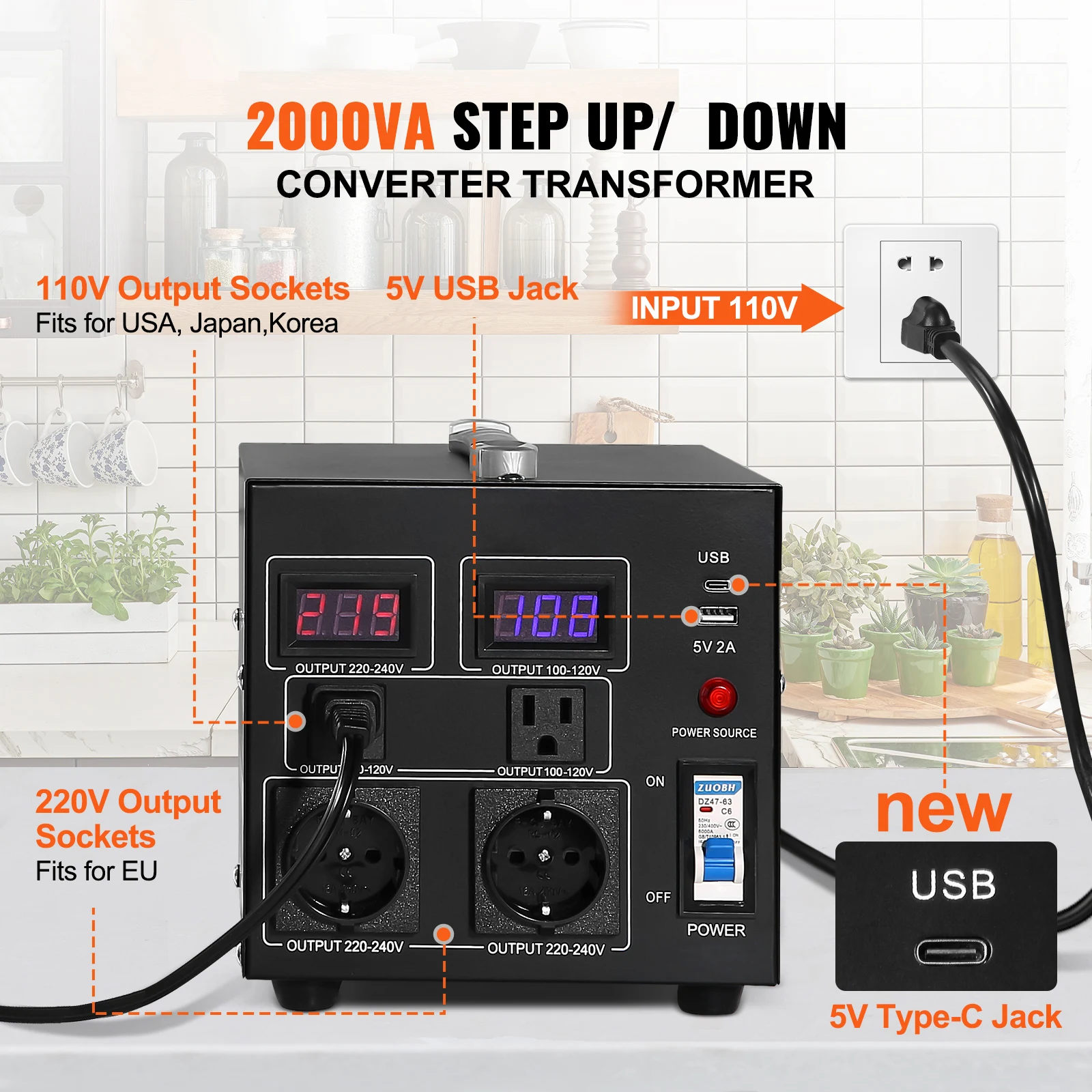 Voltage Converter Transformer 2000VA/3000VA/5000VA Heavy Duty Step Up/Down Transformer with US&EU Outlet 5V USB Port - Image 2