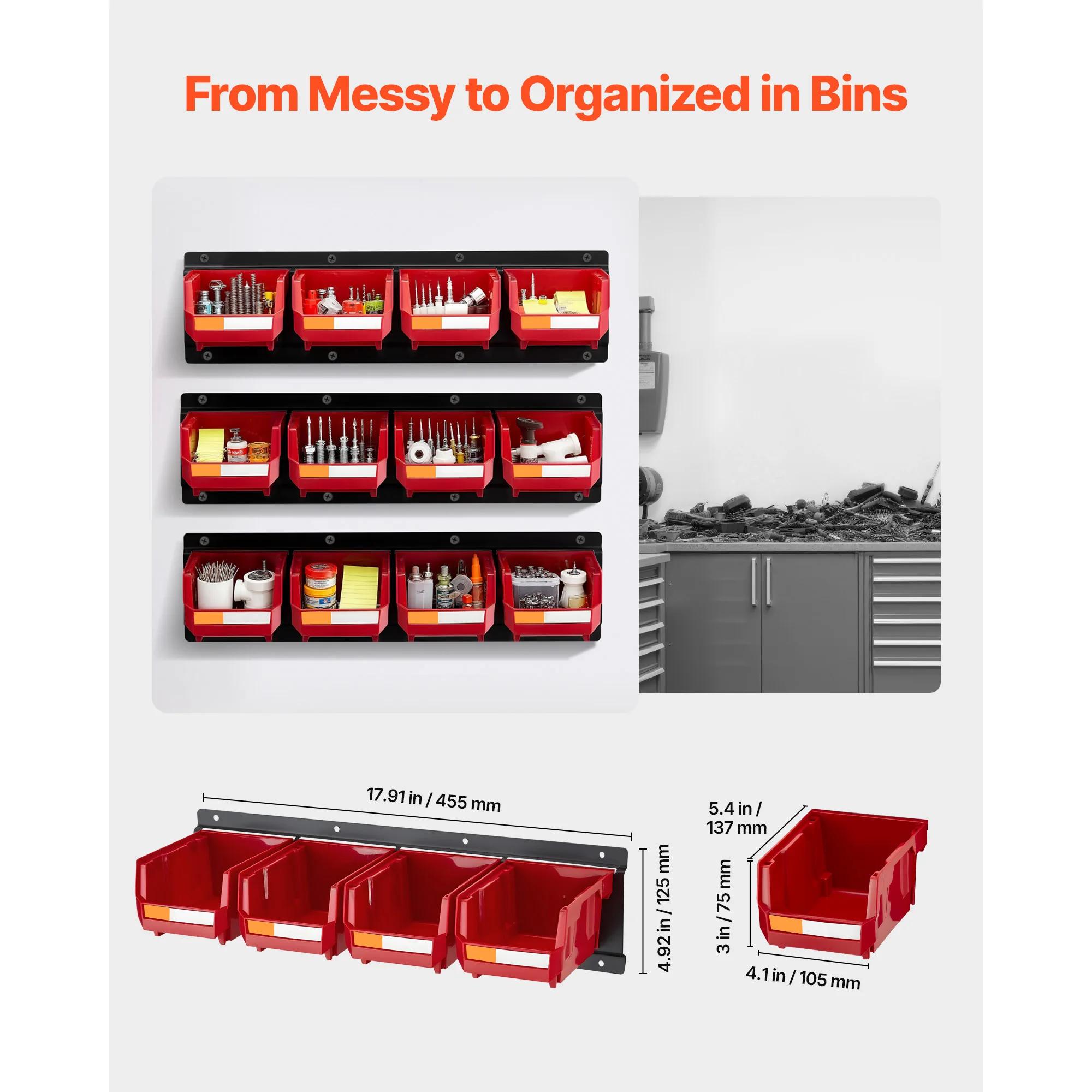 Wall Mounted Storage Bins 12 Plastic Bins & 3 Metal Rails Hanging Stackable Garage Workshop Nails Tools Organizer Box - Image 2