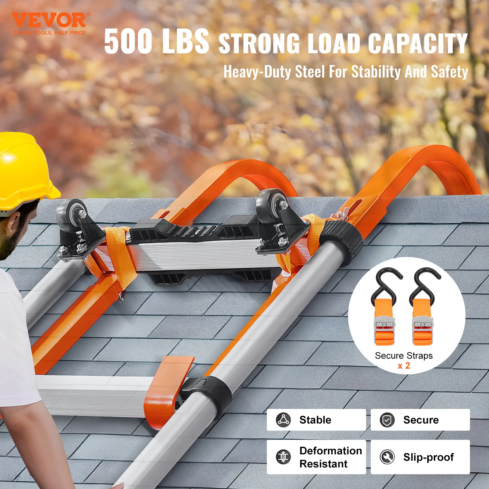 Orange/Black Ladder Roof Hook Heavy Duty Steel Ladder Stabilizer Roof Ridge Extension Rubber Grip T-Bar 500 lbs - Image 2