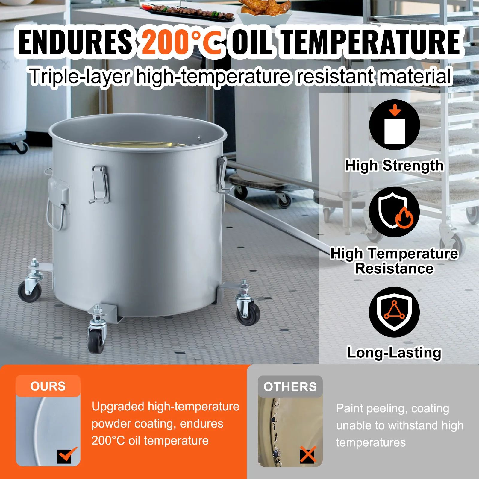 8/10/16 Gallon Fryer Grease Bucket Oil Disposal Caddy with Caster Base Rust-Proof Coating Oil Transport Container w/Lid - Image 3